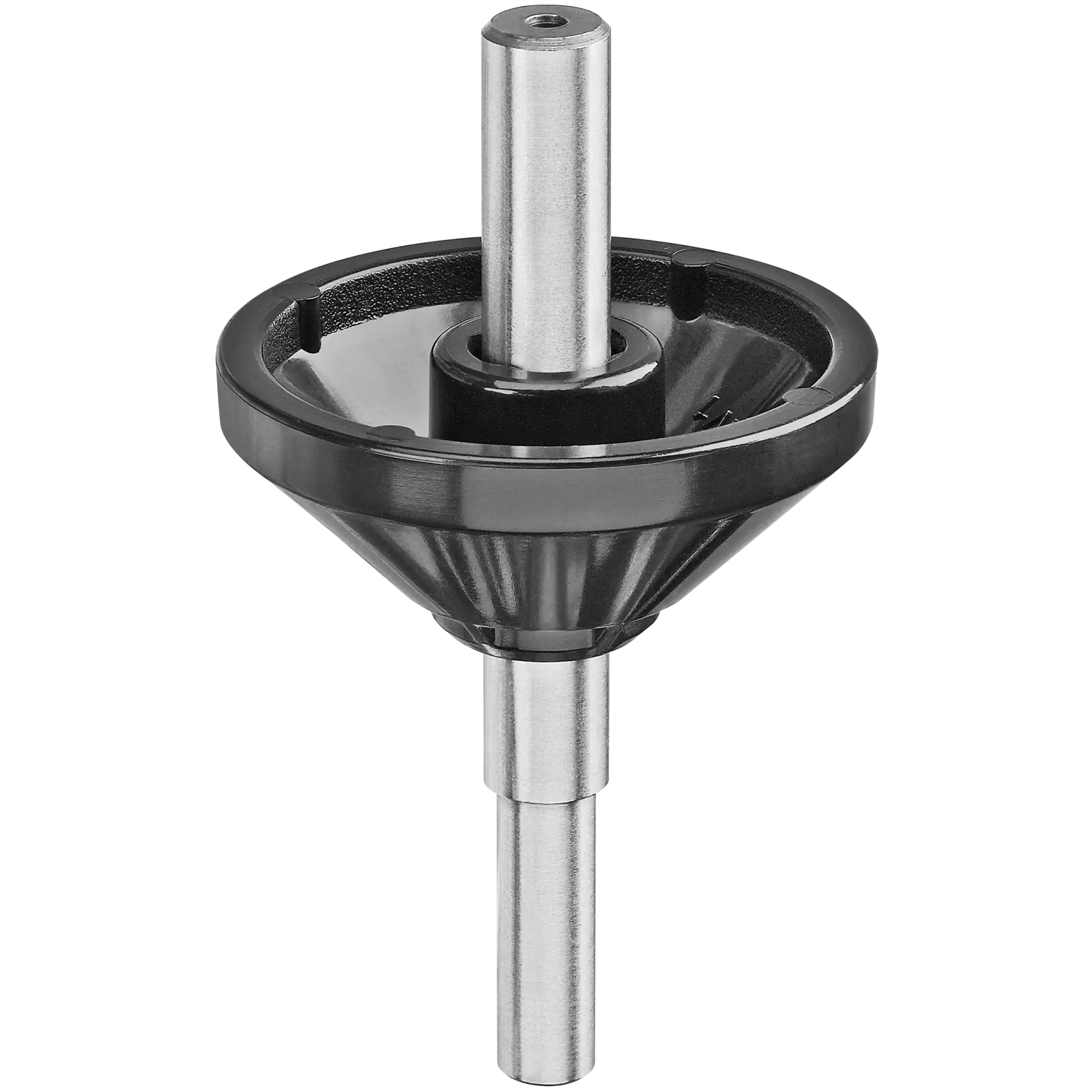A DEWALT router bit with a conical shape and metal shaft, designed for woodworking tasks.