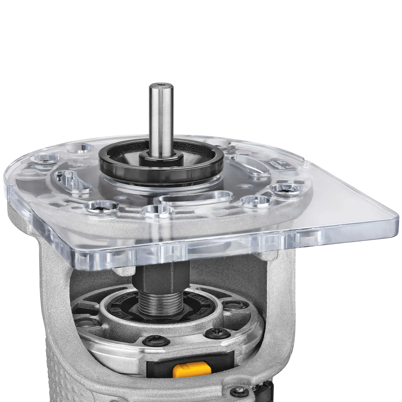 Close-up view of a DEWALT router tool base, showing a transparent square plastic base and metal spindle components.