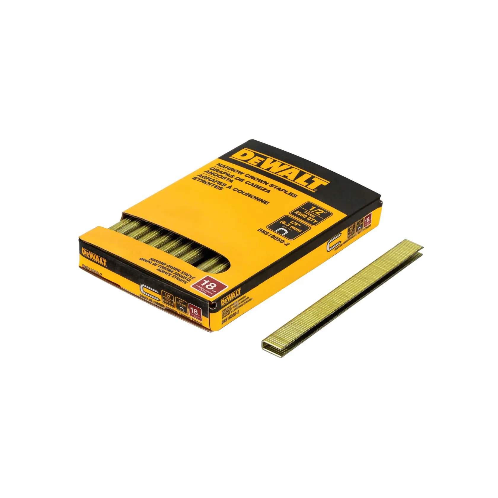 A box of DEWALT narrow crown staples with several rows of staples partially visible and one strip of staples placed beside the box. The packaging is yellow and black, showing product information and branding.