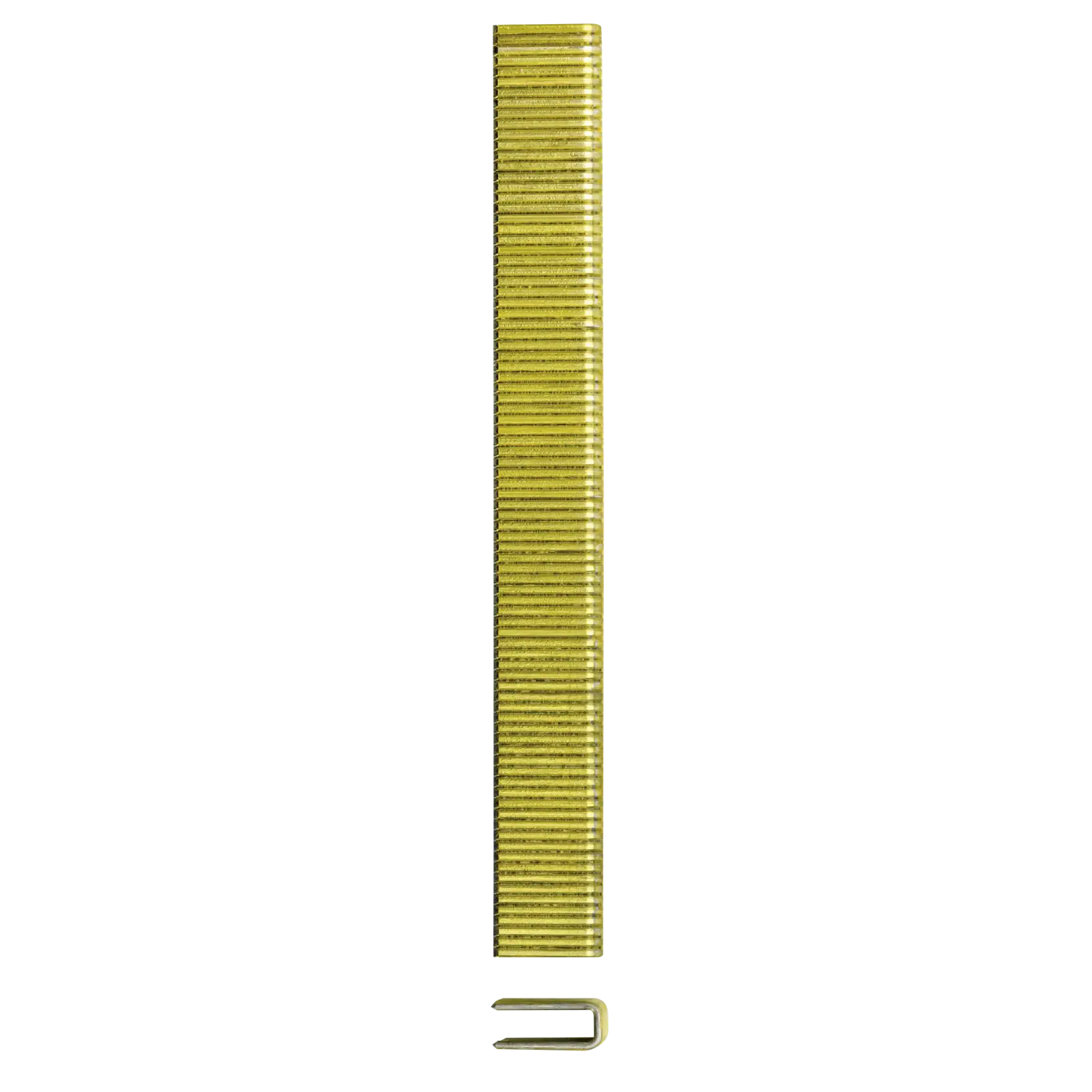 A close-up image of a strip of yellow metal staples, with one staple placed separately below the strip, on a white background.
