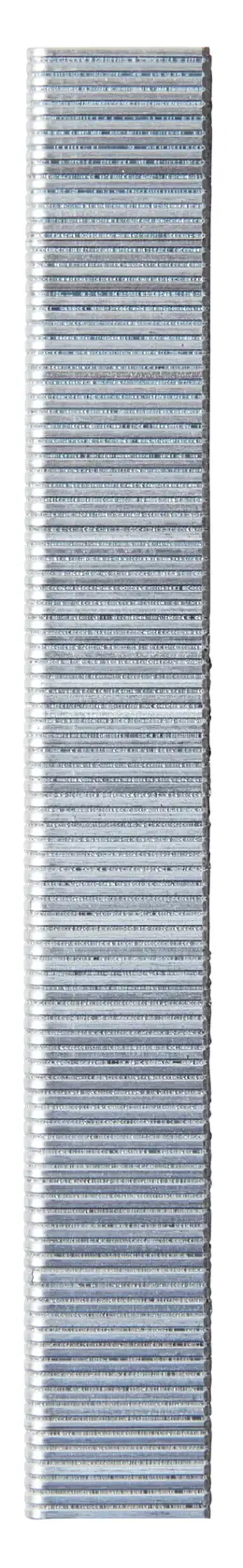 A vertical stack of silver metallic staples, arranged in a single row on a white background.