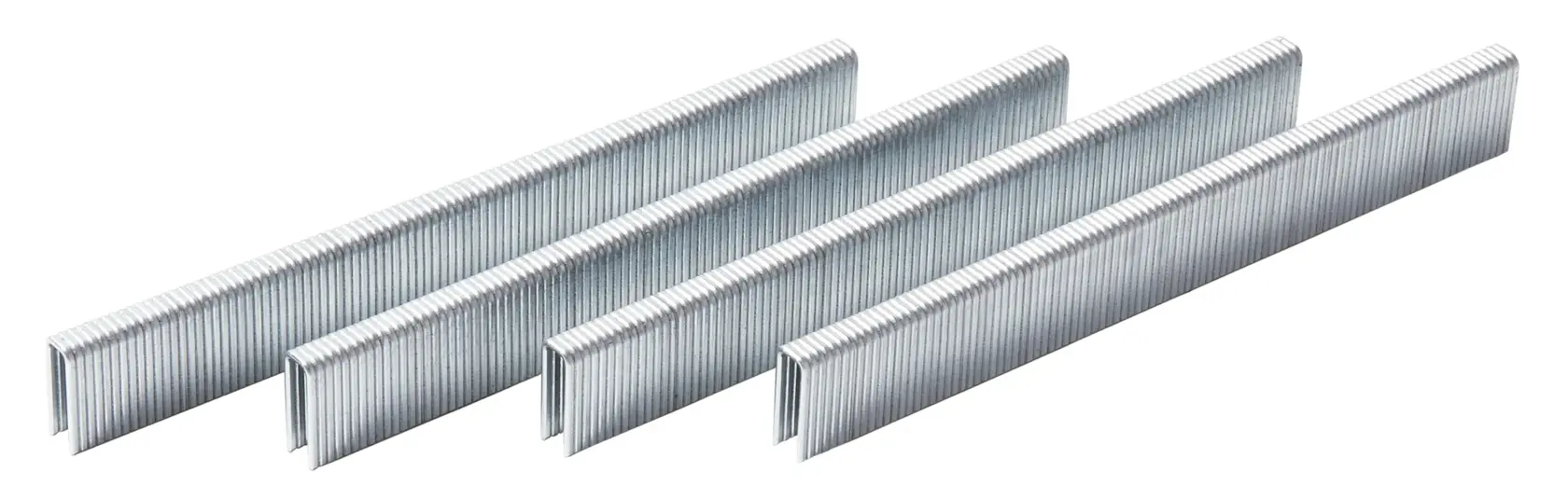 Four rows of silver metallic staples, neatly arranged against a white background.