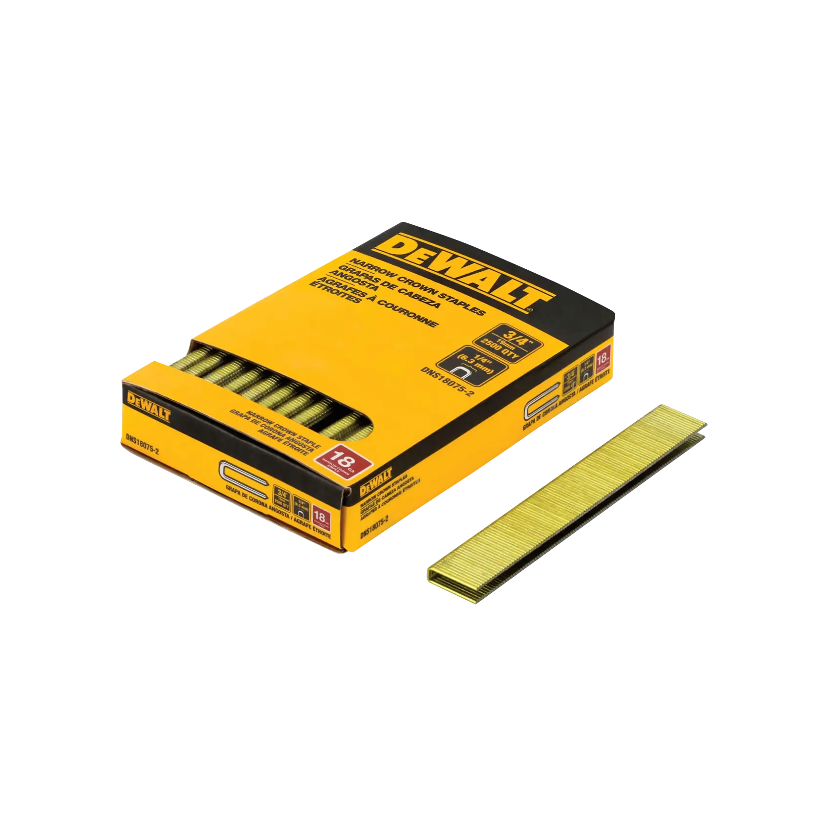 A box of DEWALT narrow crown staples, SKU DNS18075-2, with staples partially visible inside the box and a single strip of staples lying next to it. The packaging is yellow and black.