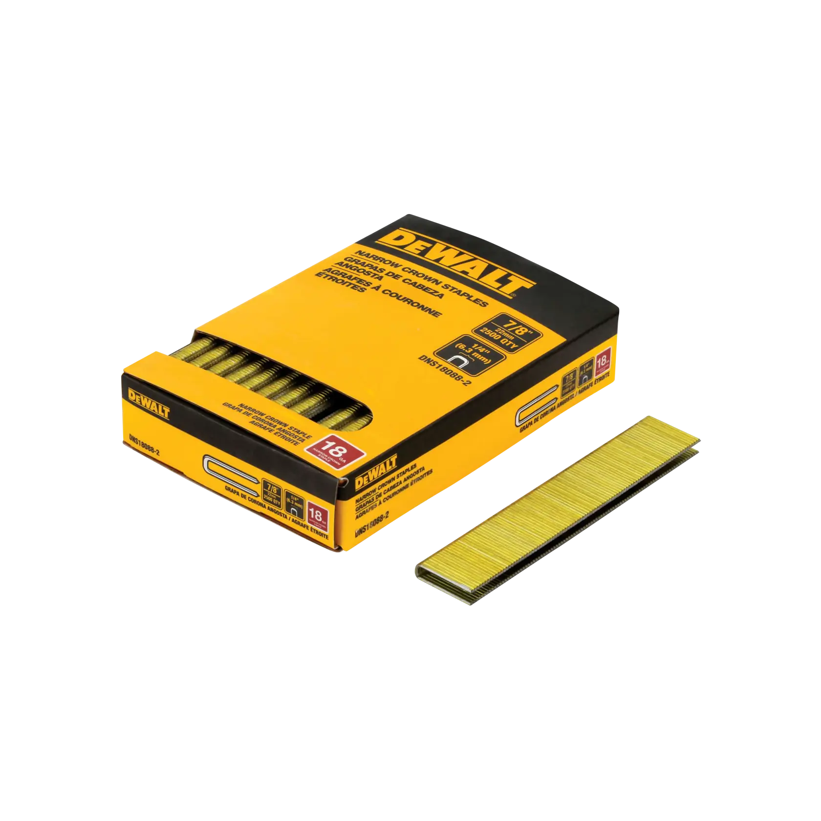 A box of DEWALT narrow crown staples, with a strip of staples placed next to the box. The packaging is yellow and black, showing the DEWALT branding and specifications such as 18 gauge and 7/8 inch length.