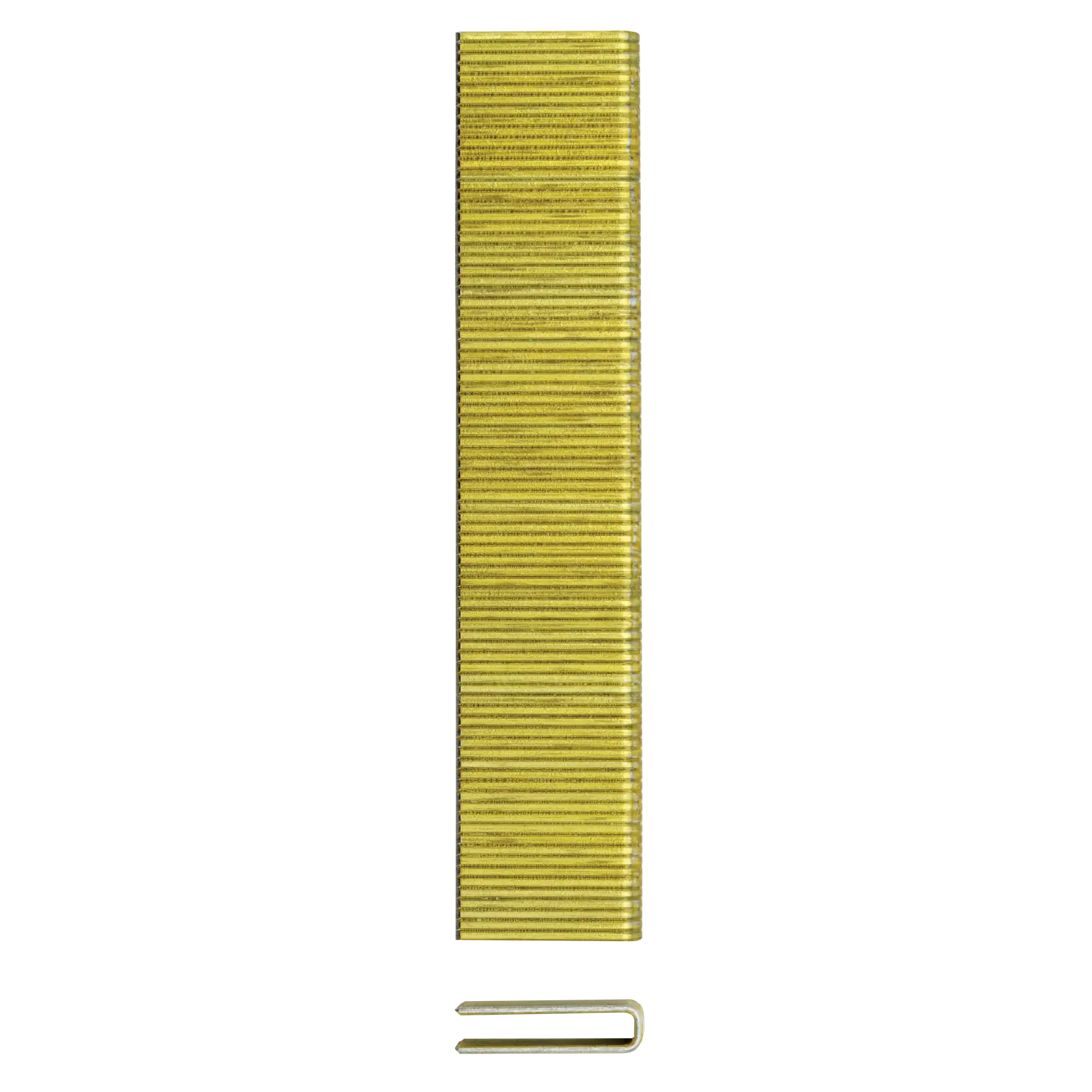 A stack of yellow metal staples with one staple lying in front, shown on a white background.