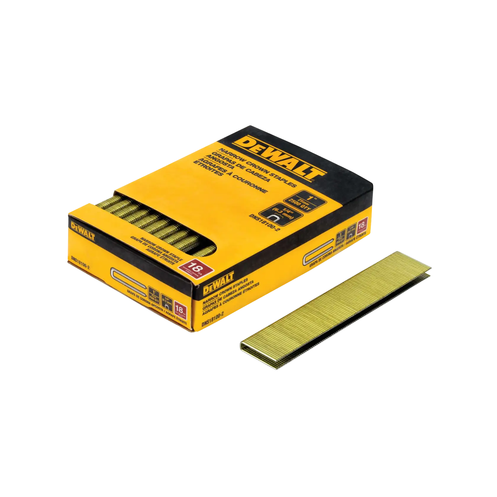 A box of DEWALT narrow crown staples with one strip of staples placed beside the box. The packaging is yellow and black with product information printed on it.