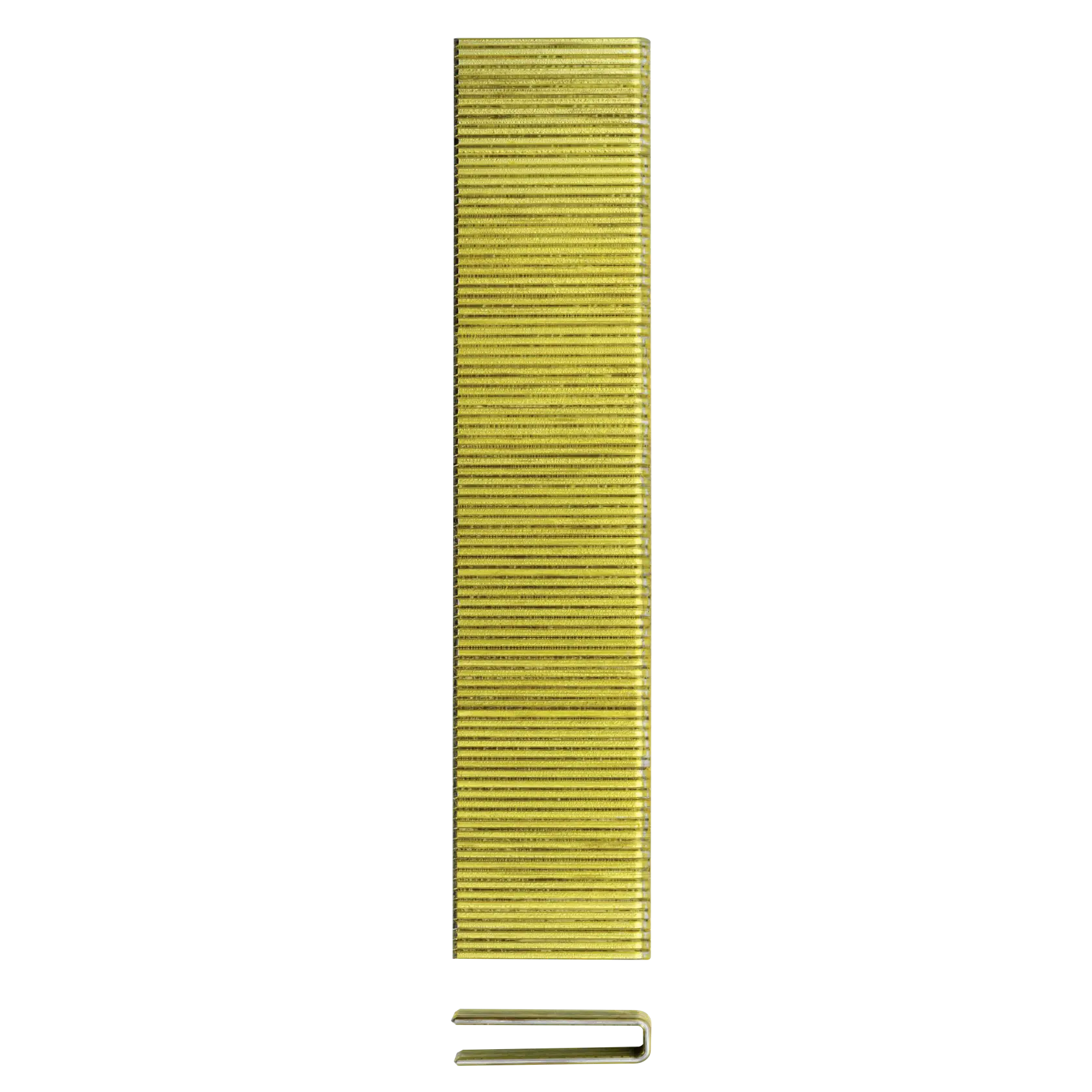A stack of yellow metallic staples for use in a stapler, shown vertically with one staple separated and displayed below the stack.