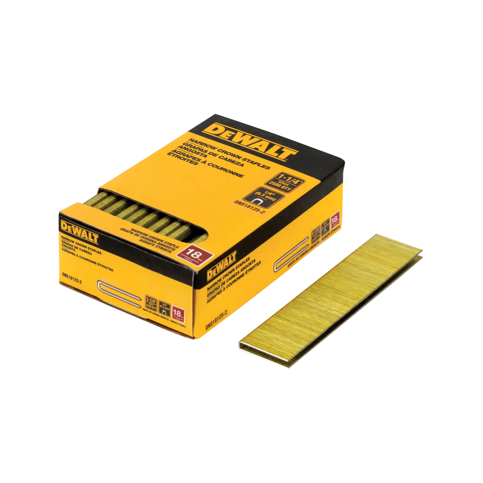 A box of DEWALT narrow crown staples, model DNS18125-2, with several strips of staples partially visible inside the box and one strip placed next to it. The packaging is yellow and black.