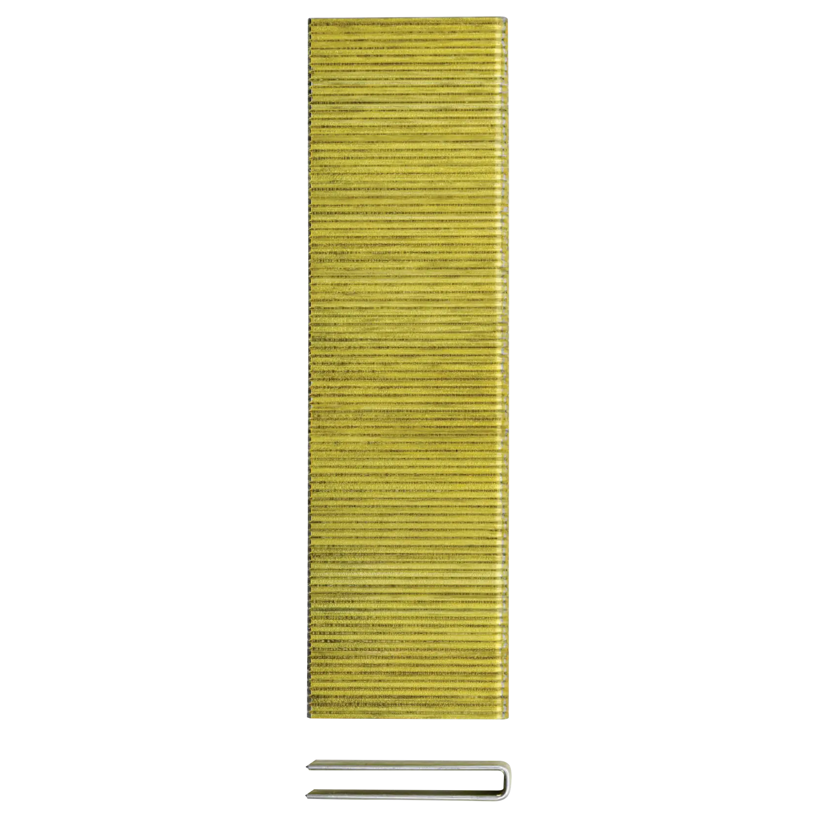 A stack of yellow DEWALT staples with one staple shown separately below the stack on a white background.