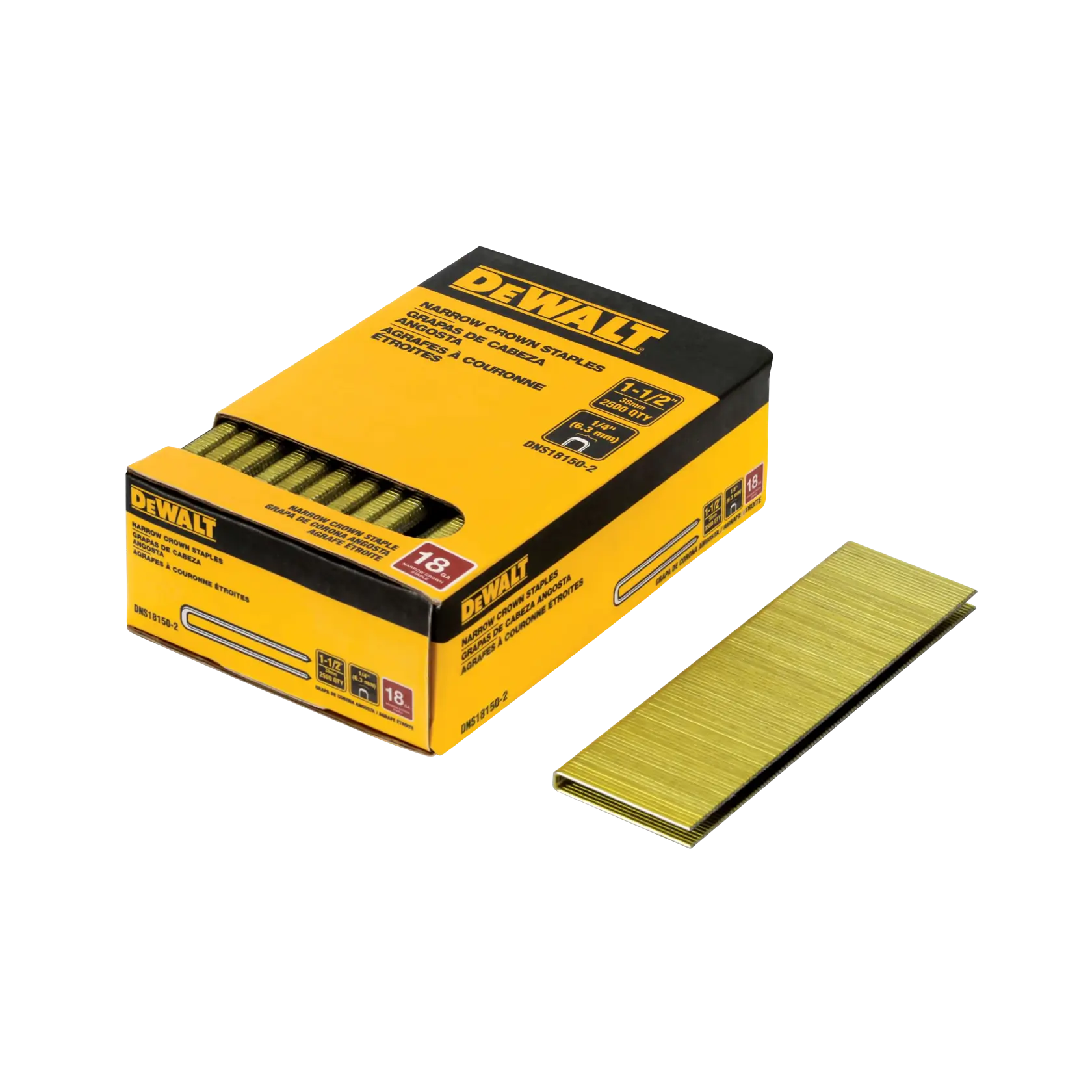 A box of DEWALT narrow crown staples, with a stack of metal staples shown outside the box. The packaging is yellow and black with product information visible.
