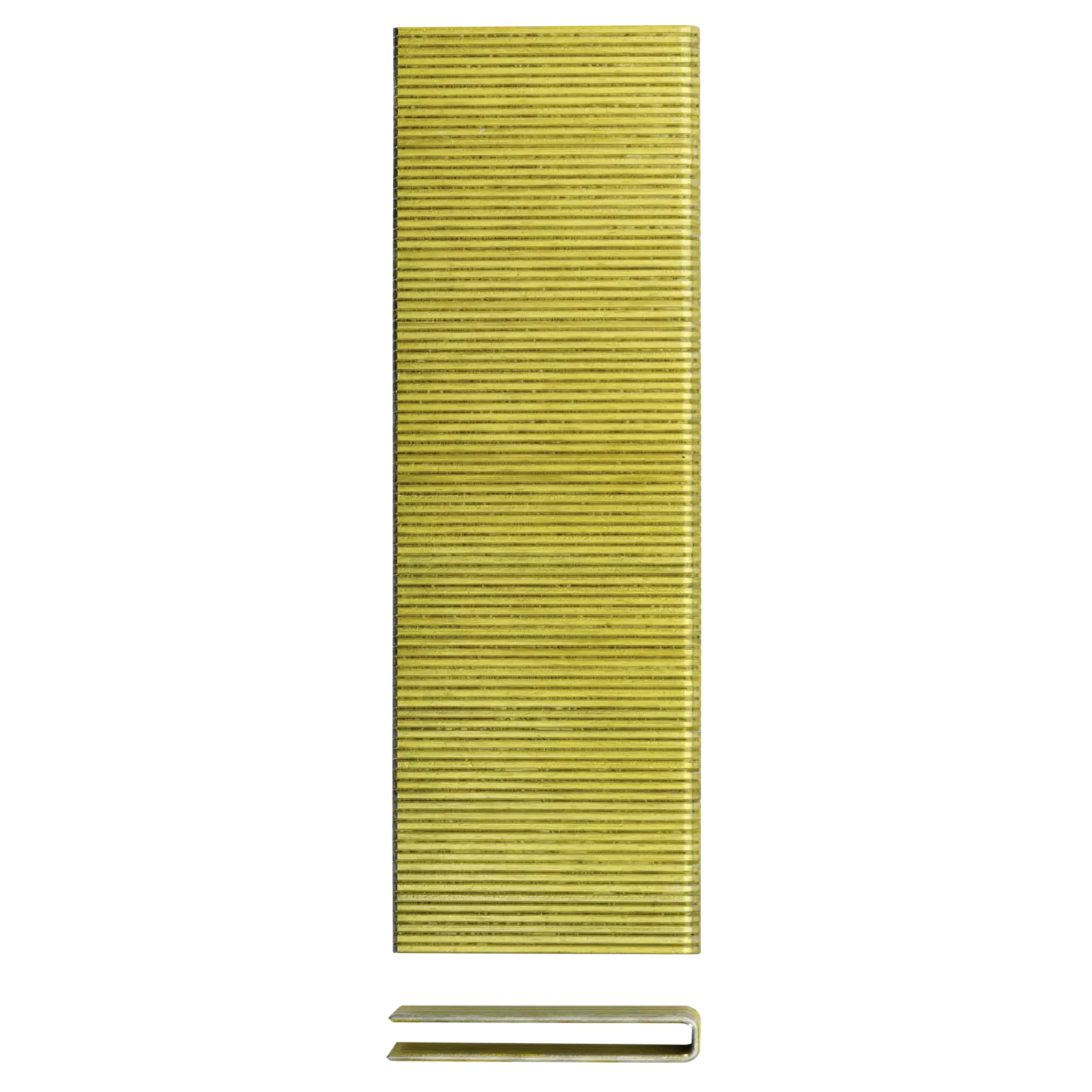 A bundle of yellow metal staples with one staple separated and displayed in front, showing its U-shape and flat edges.