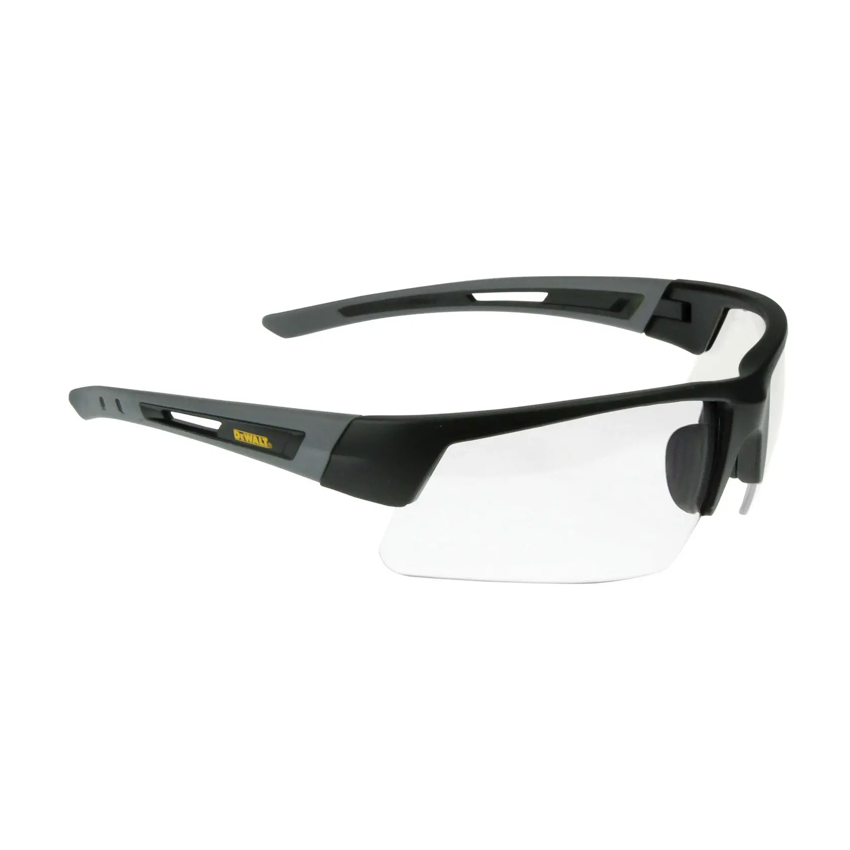A pair of DEWALT safety glasses with a black frame and clear lenses, designed for eye protection.