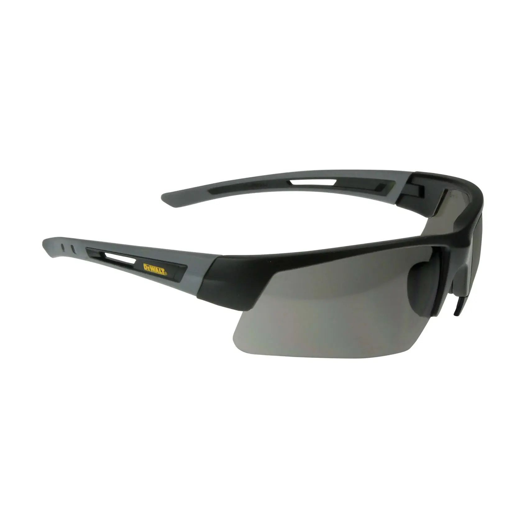 A pair of black DEWALT safety glasses with tinted lenses and a modern, wrap-around design. Ventilated temples and a yellow DEWALT logo are visible on the side.