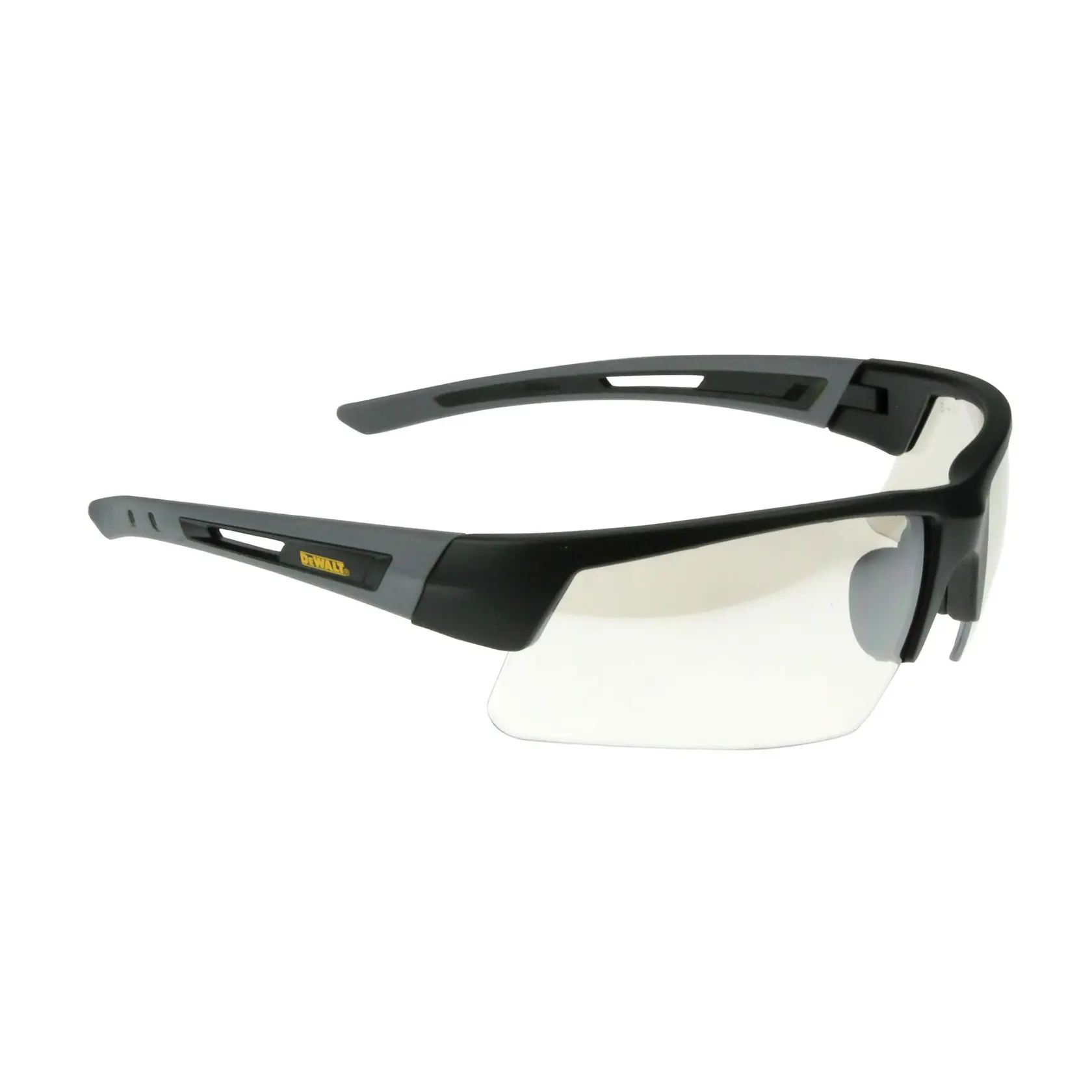A pair of DEWALT safety glasses with clear lenses and black, ventilated frames.
