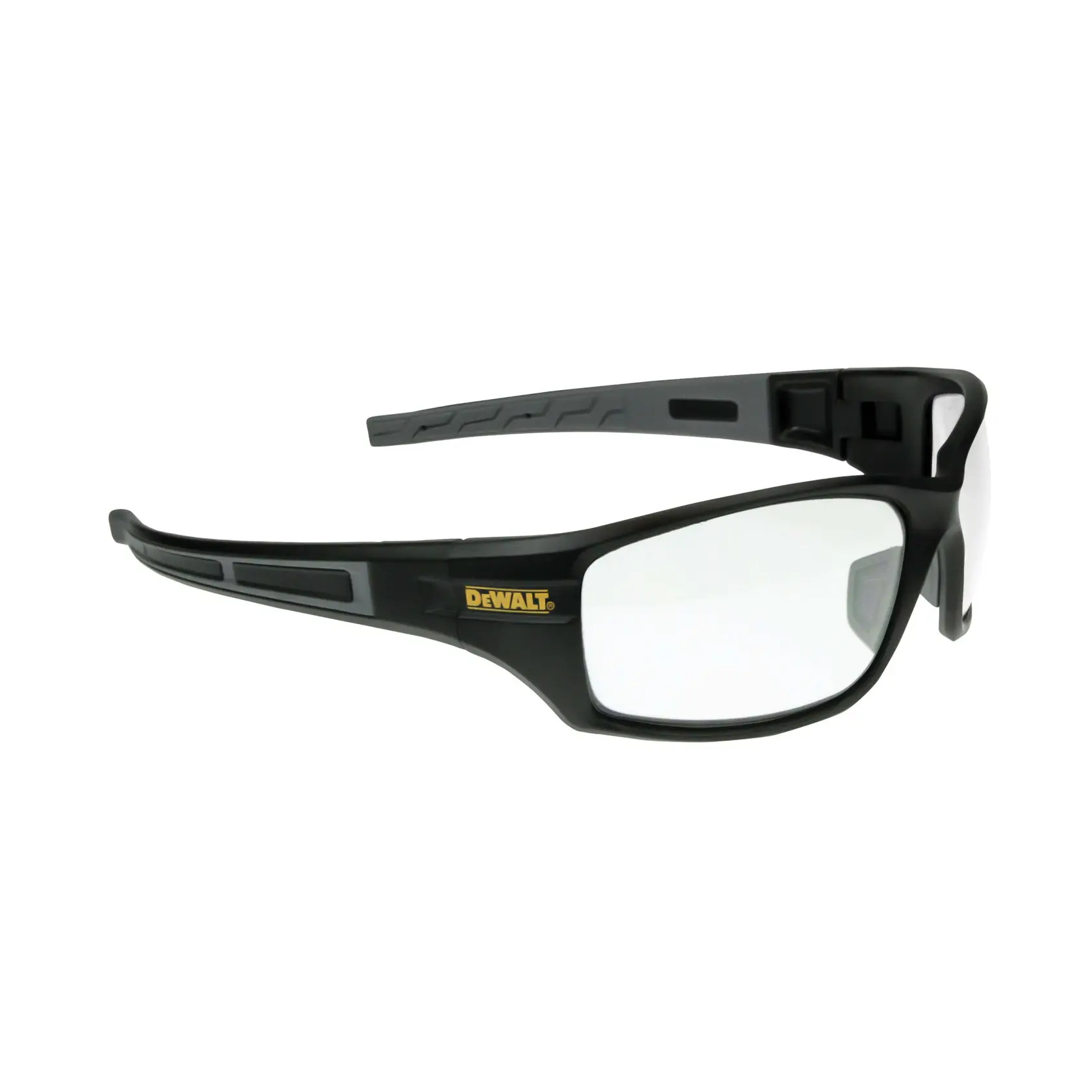 A pair of DEWALT DPG101 safety glasses with clear lenses and a black frame, designed for protective use.