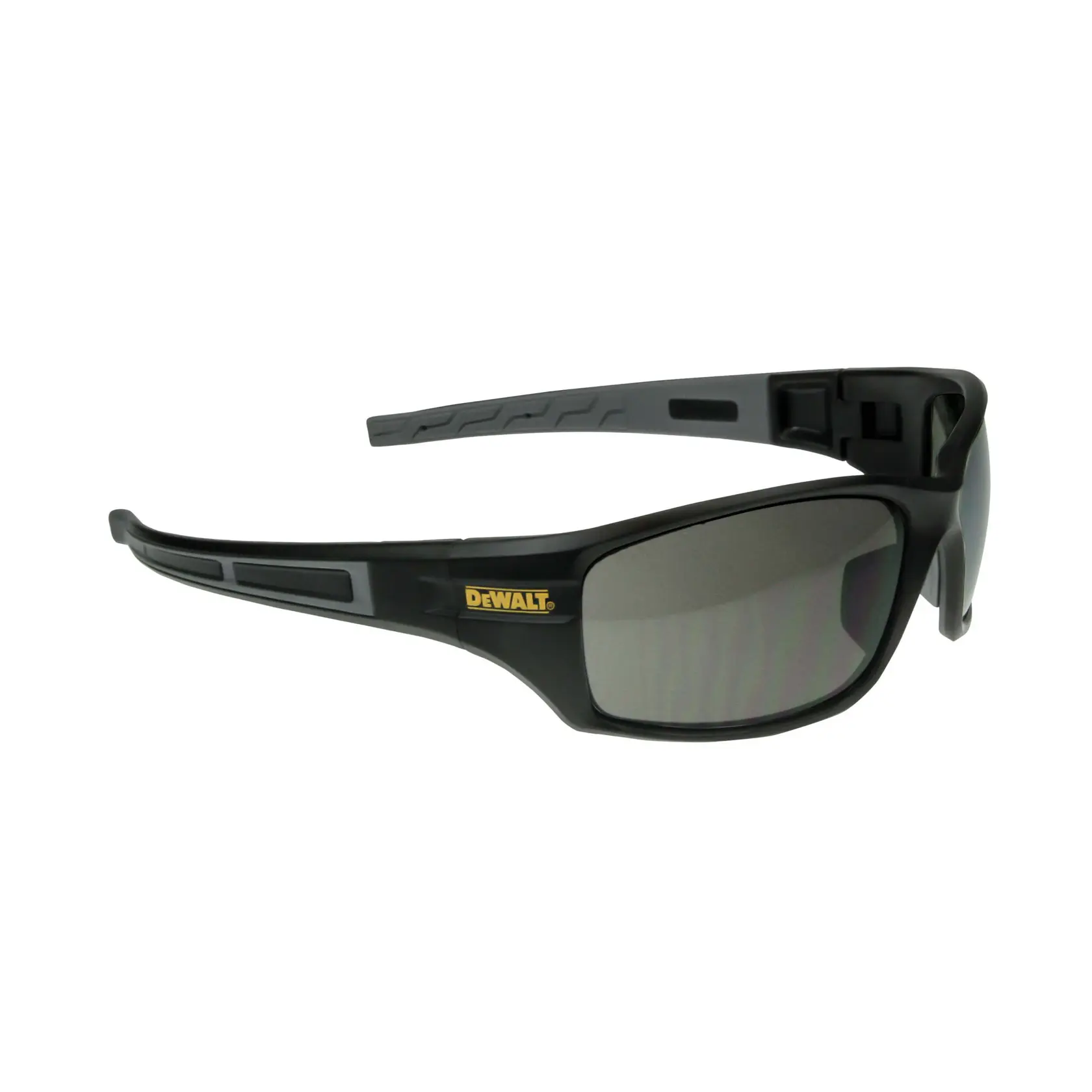 A pair of black safety glasses with tinted lenses, featuring the DEWALT logo on the side of the frame.