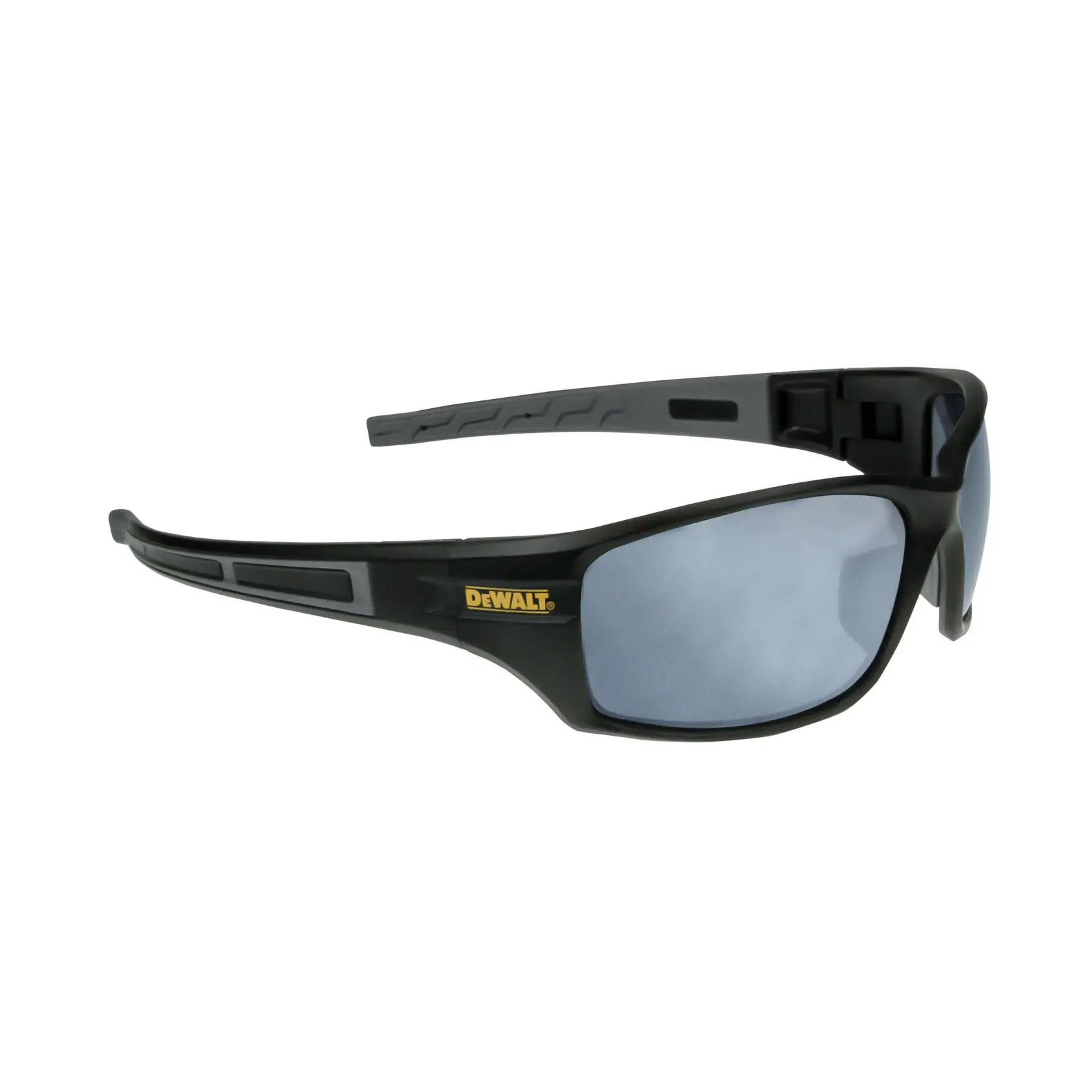 A pair of DEWALT branded safety glasses with a black frame and tinted lenses.