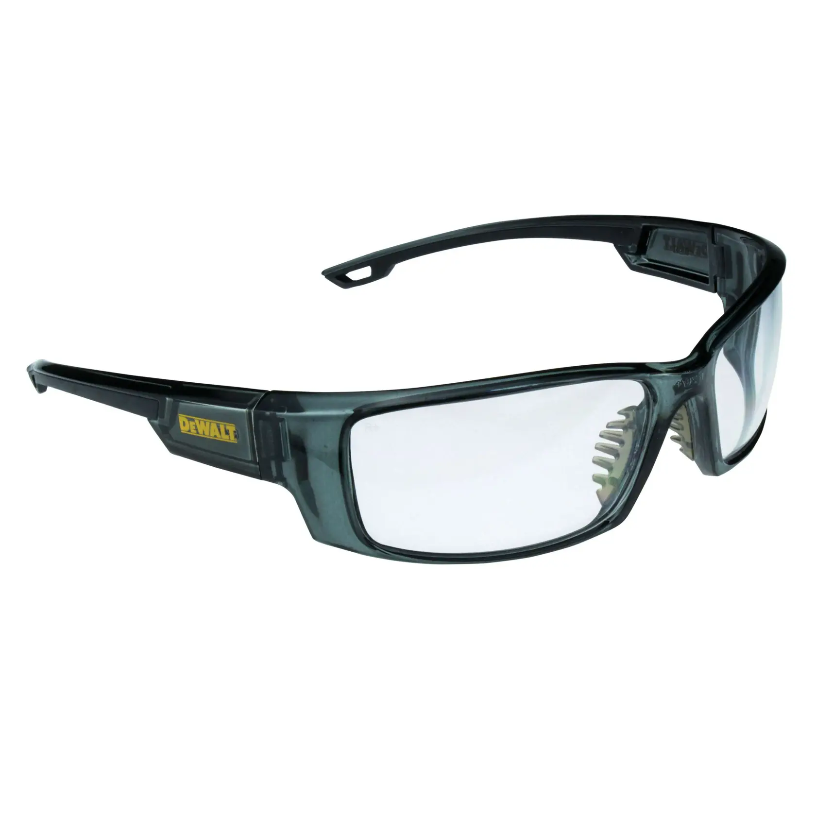 A pair of DEWALT branded safety glasses with clear lenses and a black frame, designed for eye protection.