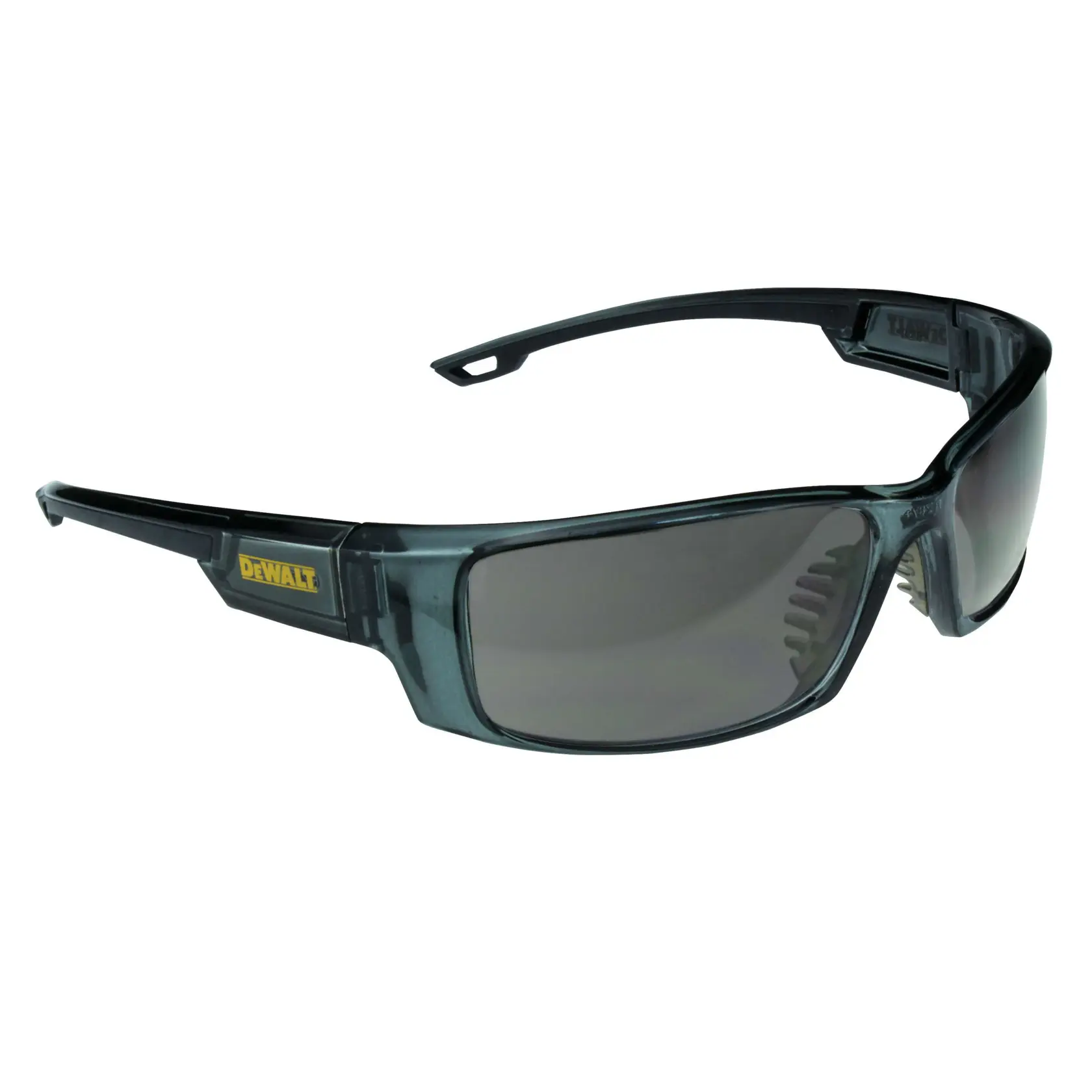 A pair of DEWALT DPG104 protective safety glasses with a dark grey frame and tinted lenses, designed for eye protection during construction or industrial work.