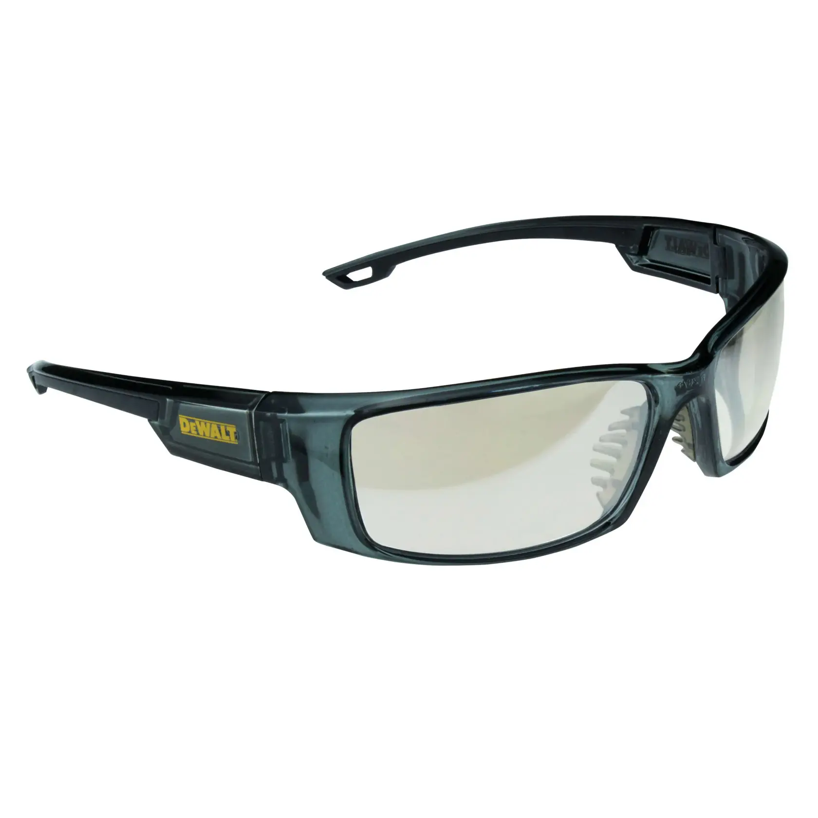 A pair of DEWALT safety glasses with clear lenses and a dark, durable frame. The glasses feature wrap-around design for eye protection.