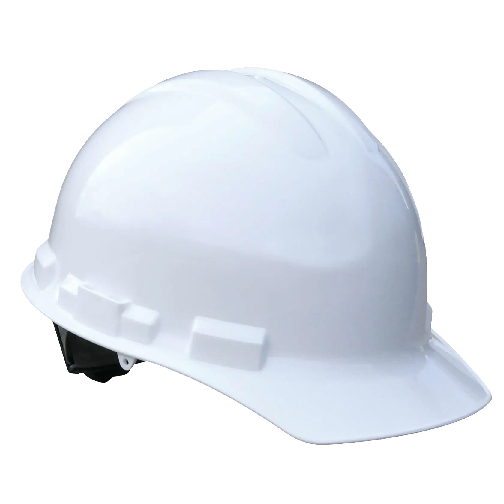 A white construction hard hat with a smooth surface and a brim, designed for head protection.