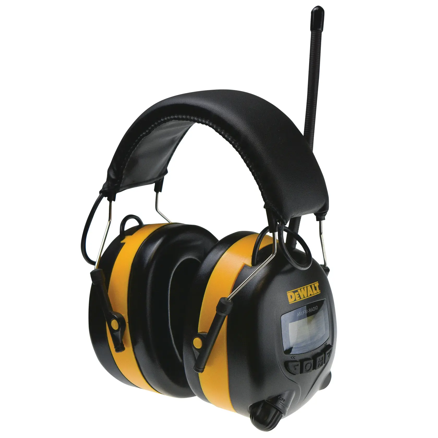 A pair of DEWALT branded electronic earmuffs with radio, featuring yellow and black ear cups, a padded headband, a display screen and control buttons on one side, and an antenna.