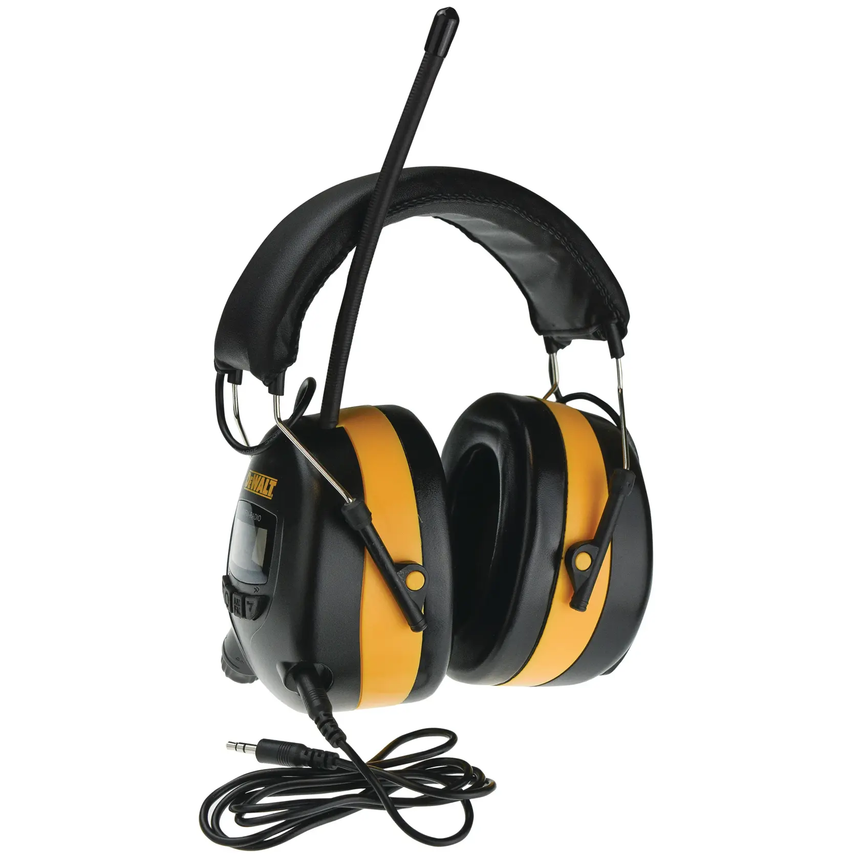 A pair of DEWALT DPG15 black and yellow over-ear headphones with a padded headband, built-in antenna, digital display, control buttons, and an attached audio cable with a 3.5mm jack.