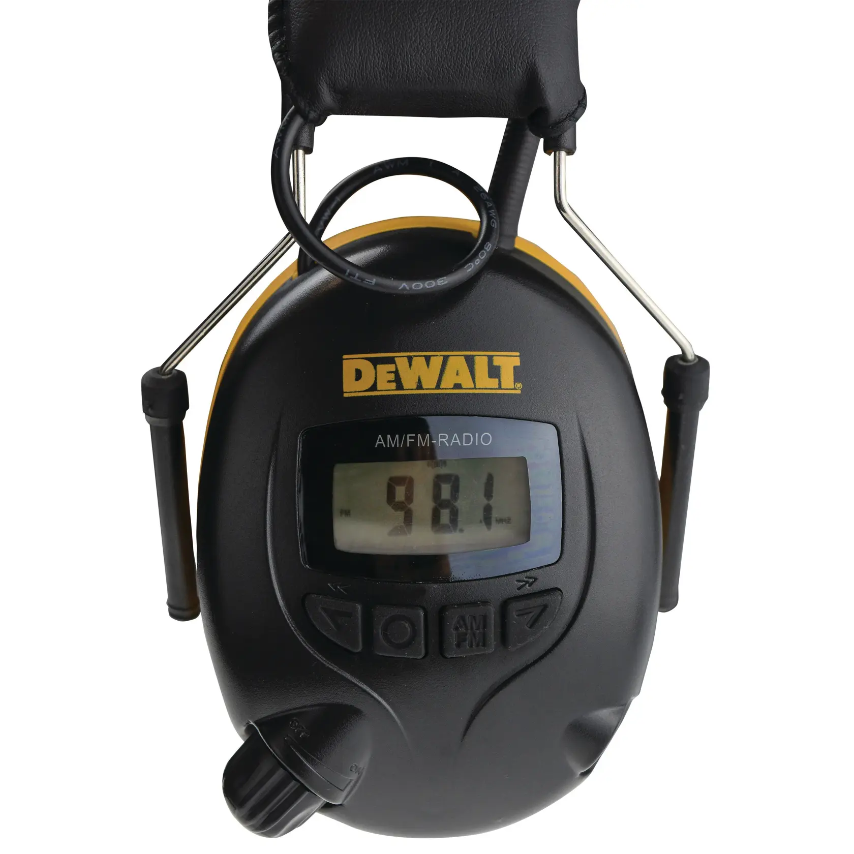 Close-up view of a DEWALT branded electronic earmuff with AM/FM radio and digital display showing the frequency 98.1 MHz.