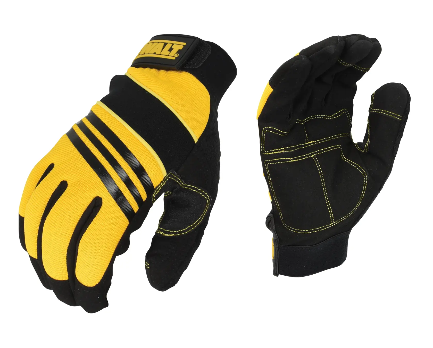 A pair of DEWALT DPG201 work gloves, shown from both the top and palm sides. The gloves are mainly yellow and black with reinforced stitching and padded areas for protection and durability.