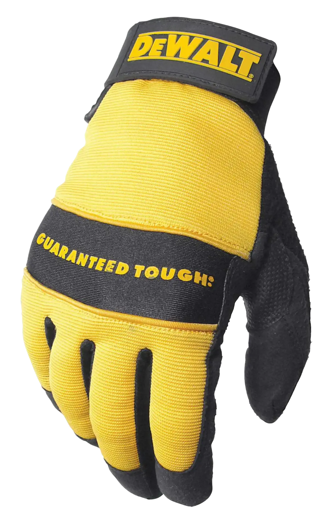 A single yellow and black DEWALT branded work glove with 'GUARANTEED TOUGH' printed on the back, designed for protective use.