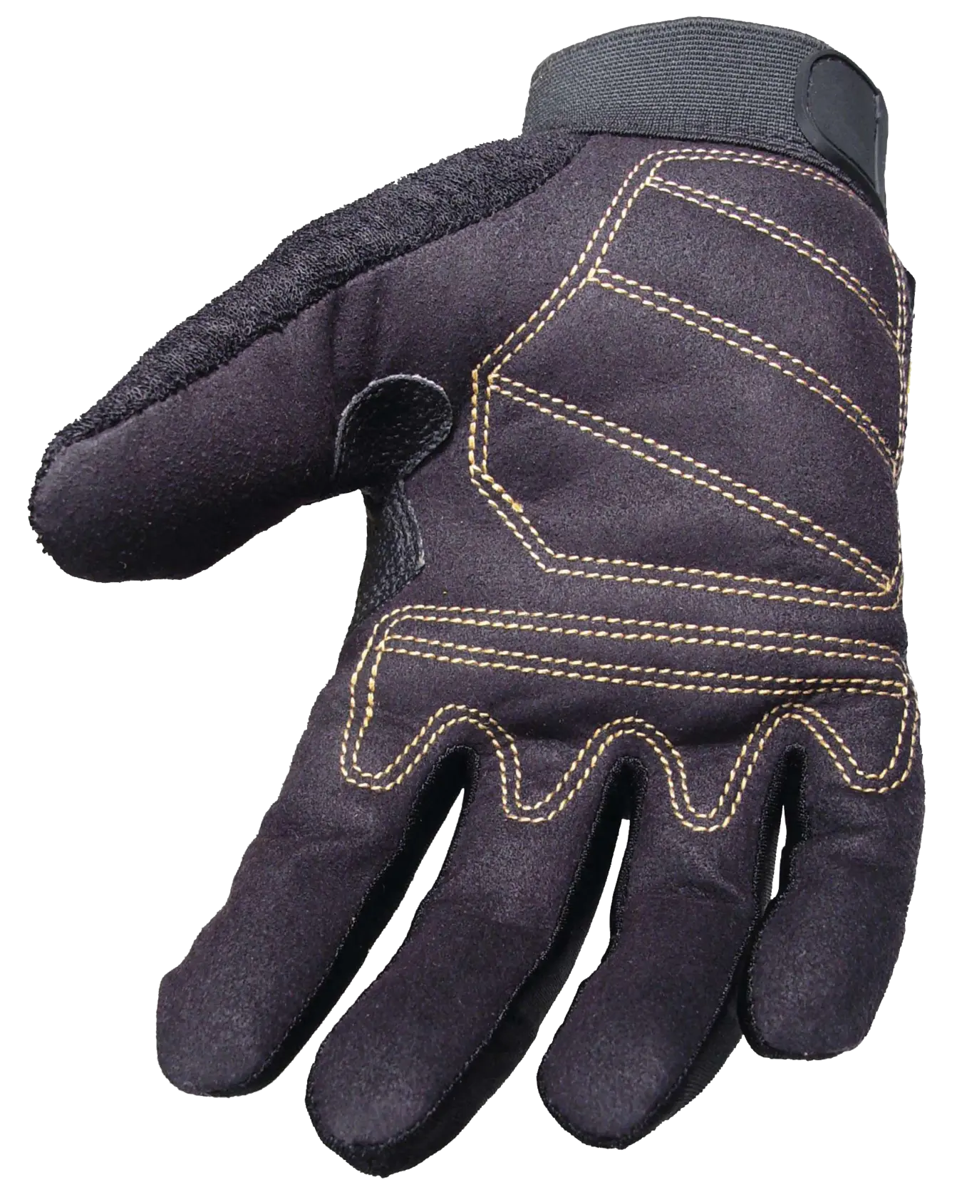 A black DEWALT work glove with reinforced stitching and padded areas on the palm and fingers, designed for protection and durability.