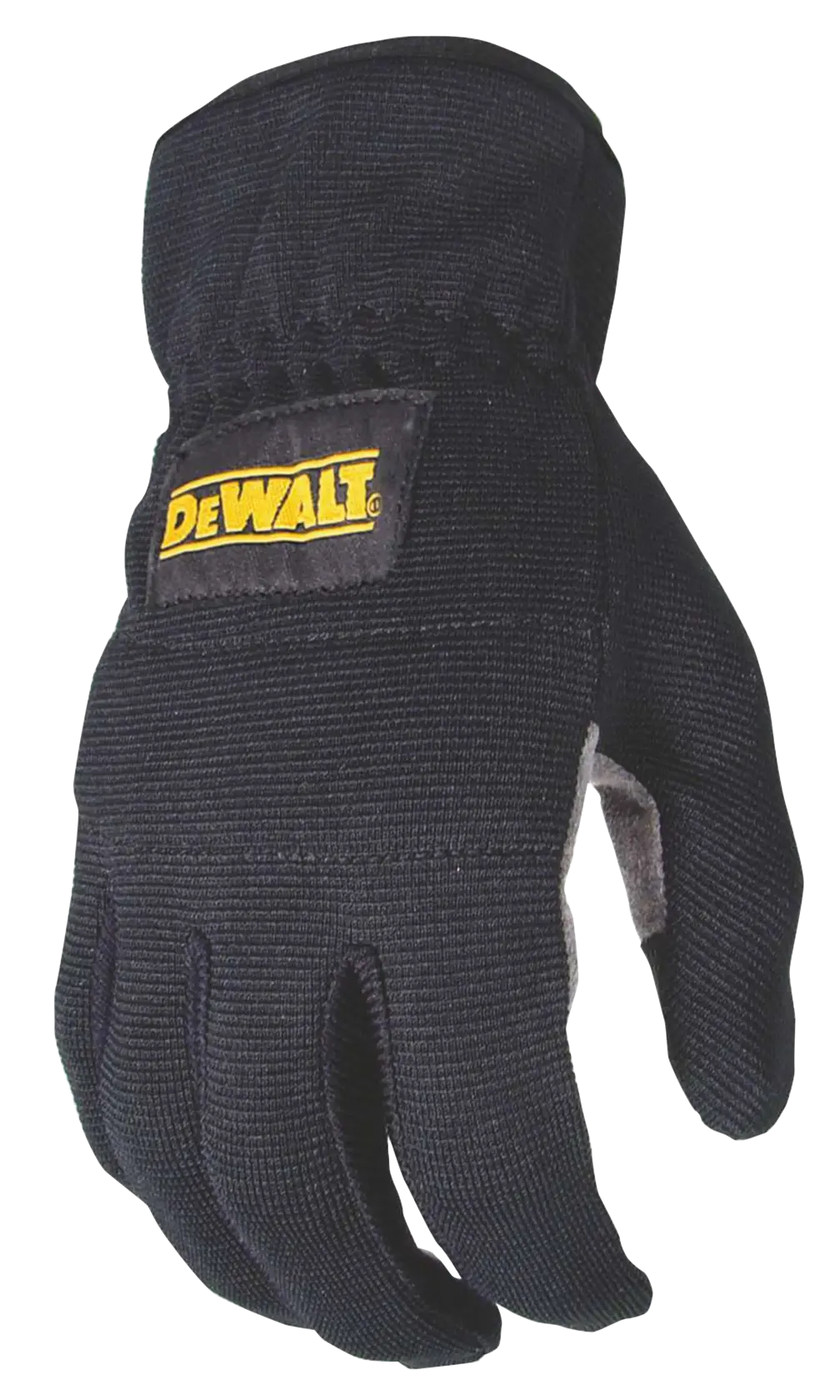 A black work glove with a yellow DEWALT logo on the back of the hand, designed for protection and durability.