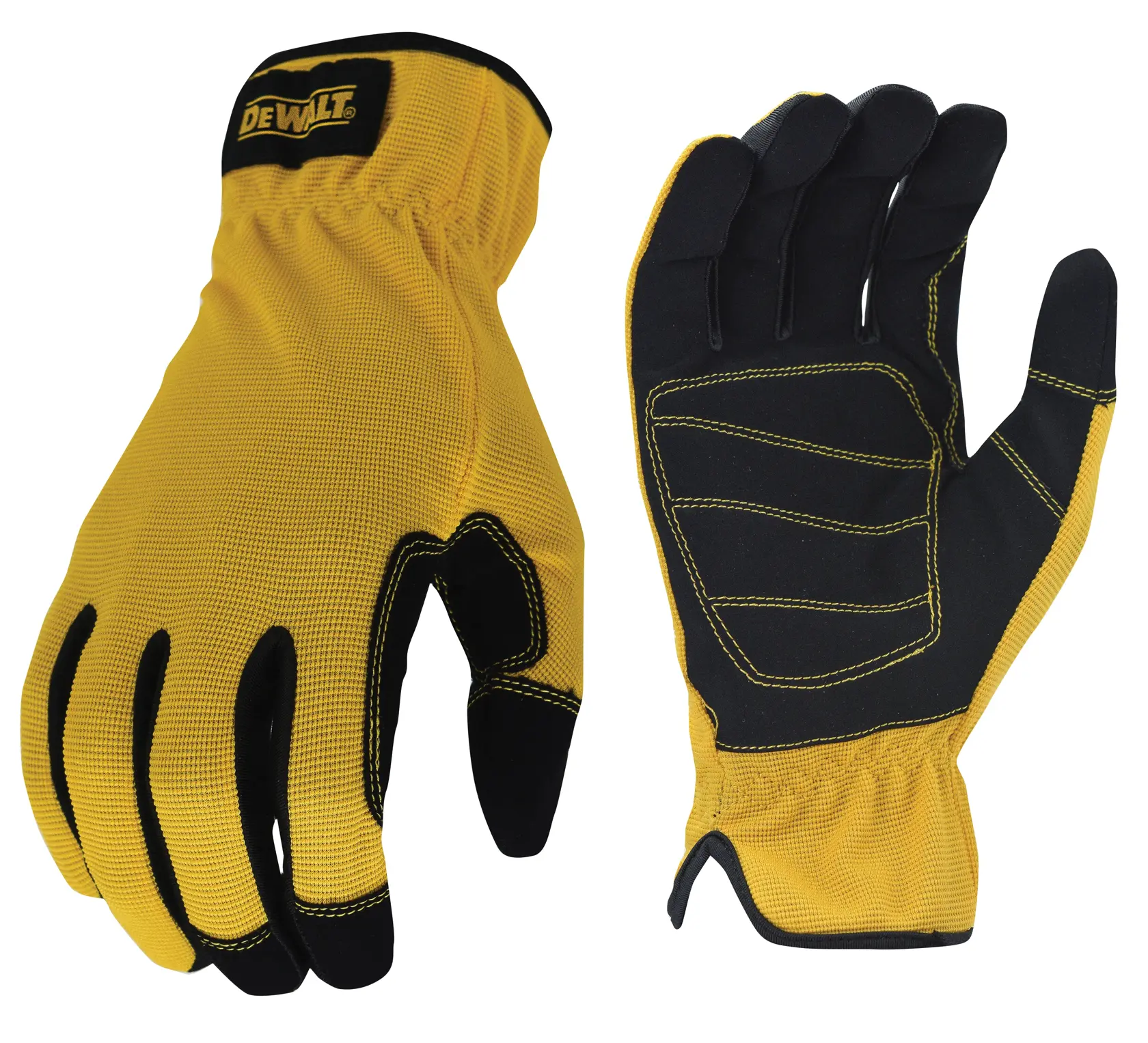 A pair of DEWALT branded work gloves in yellow and black, shown from the top and bottom views. The gloves have reinforced black areas on the fingers and palm with yellow stitching.