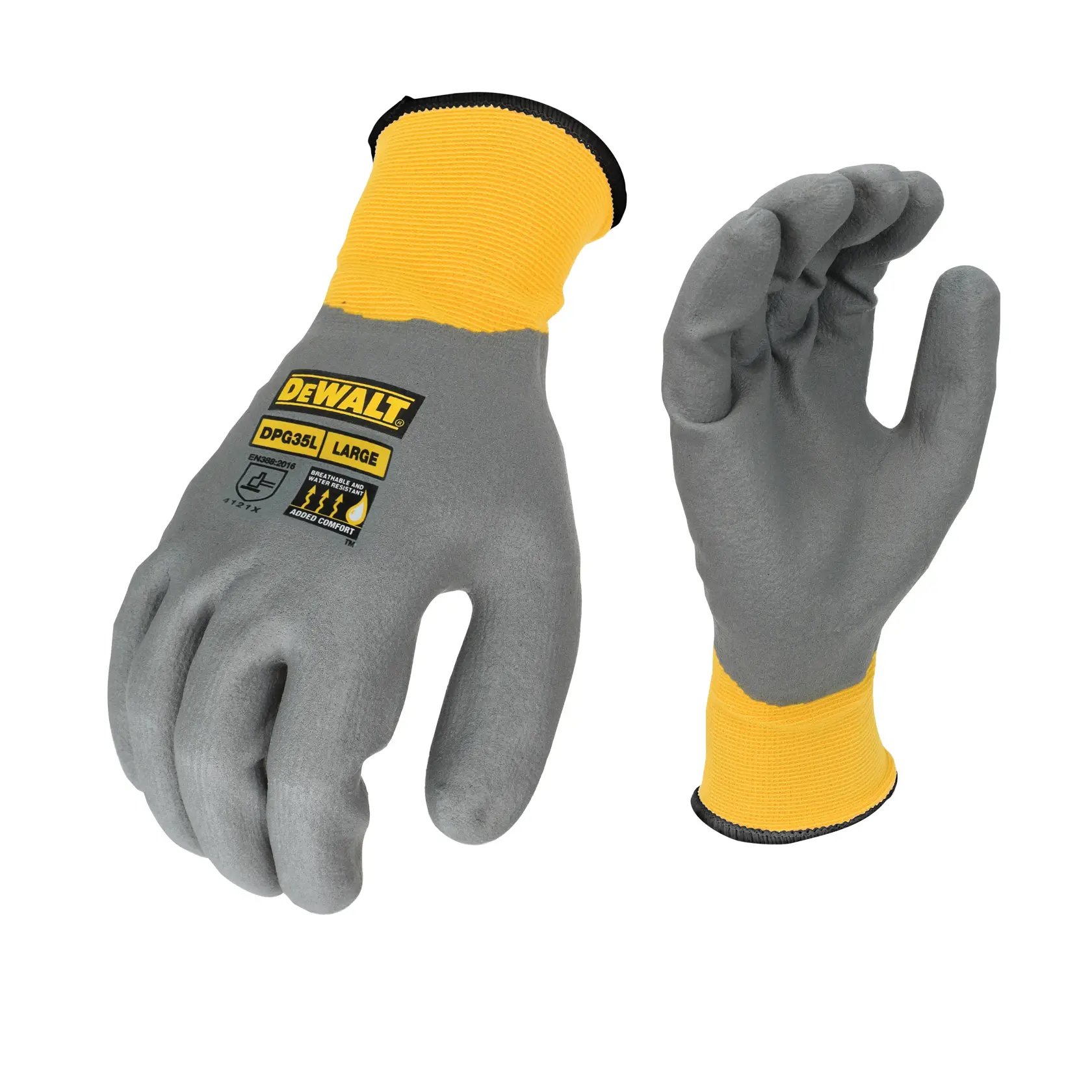 A pair of DEWALT DPG35L large work gloves with grey coating on the fingers and palm, and a yellow, elastic cuff. The gloves are shown from both the back and palm side, highlighting the DEWALT branding and safety information printed on the back.