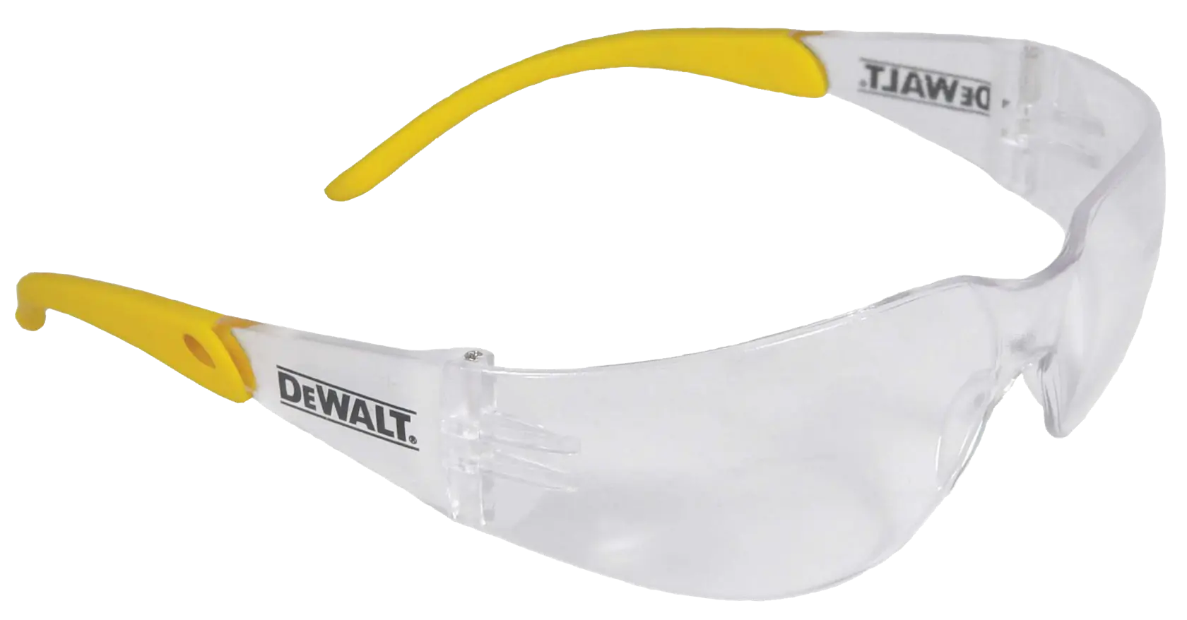 A pair of DEWALT safety glasses with clear lenses and yellow arms.
