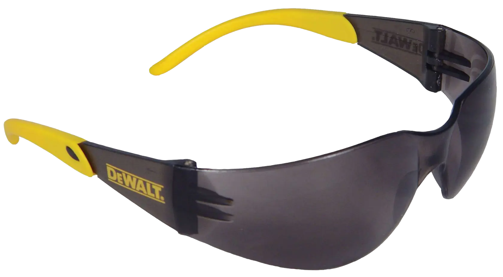 A pair of DEWALT branded safety glasses with dark tinted lenses and yellow-black arms.