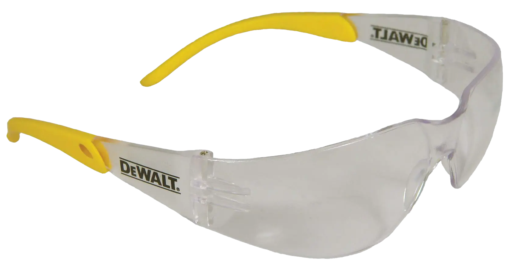 A pair of DEWALT safety glasses with clear lenses and yellow arms, designed for eye protection during work or photography.