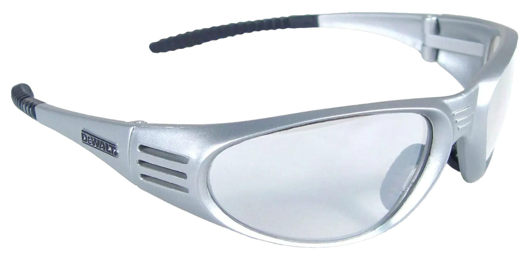 A pair of DEWALT safety glasses with a silver frame and clear lenses, designed for eye protection.