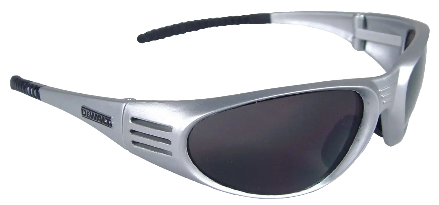 A pair of DEWALT safety glasses with a silver frame and dark, wraparound lenses.