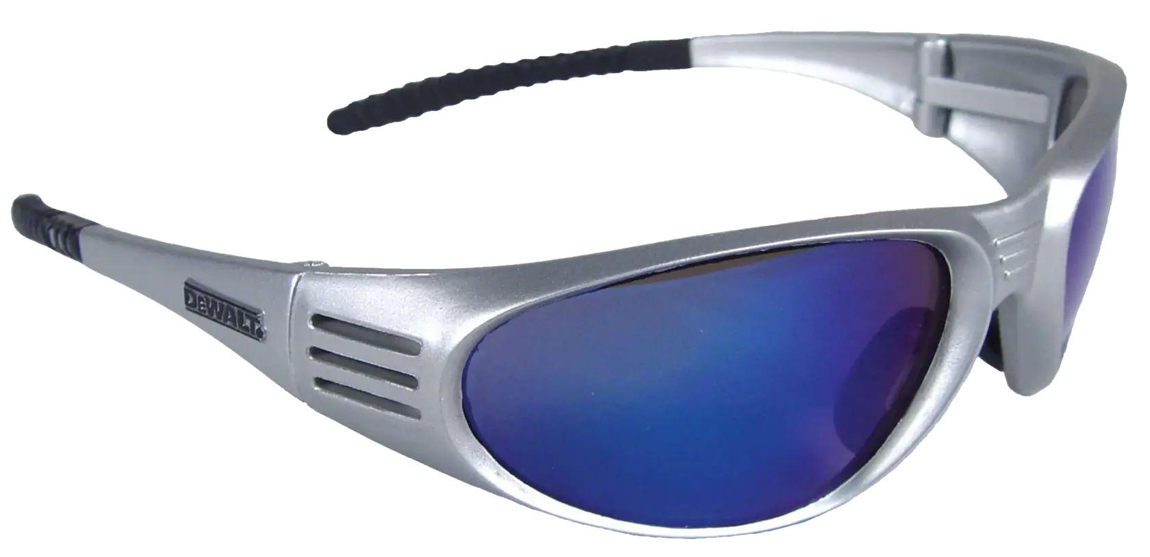 A pair of DEWALT DPG56 safety glasses with a silver frame and blue-tinted lenses, designed to provide eye protection.