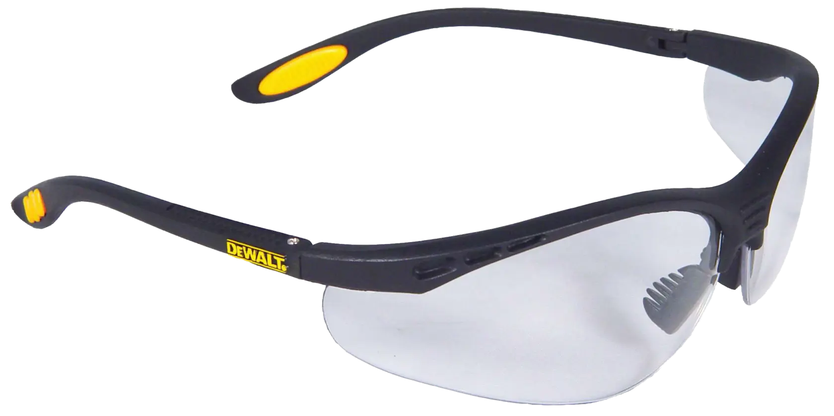 A pair of DEWALT safety glasses with clear lenses and a black frame featuring yellow accents.