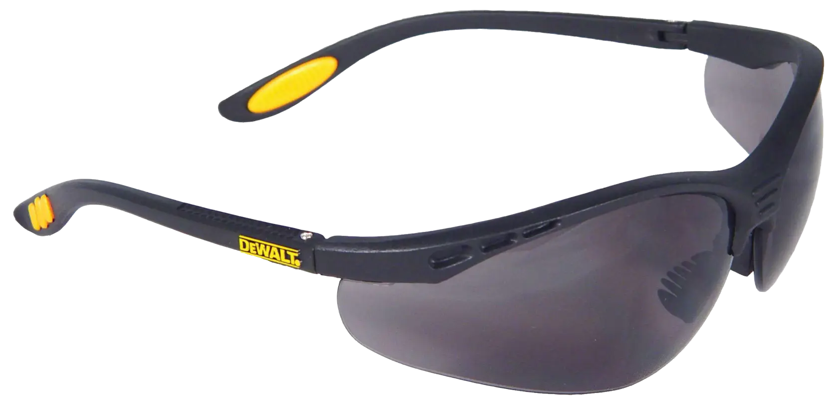 A pair of DEWALT safety glasses with a black frame and dark tinted lenses. The glasses feature yellow details on the arms and a wraparound design, suitable for protective use.
