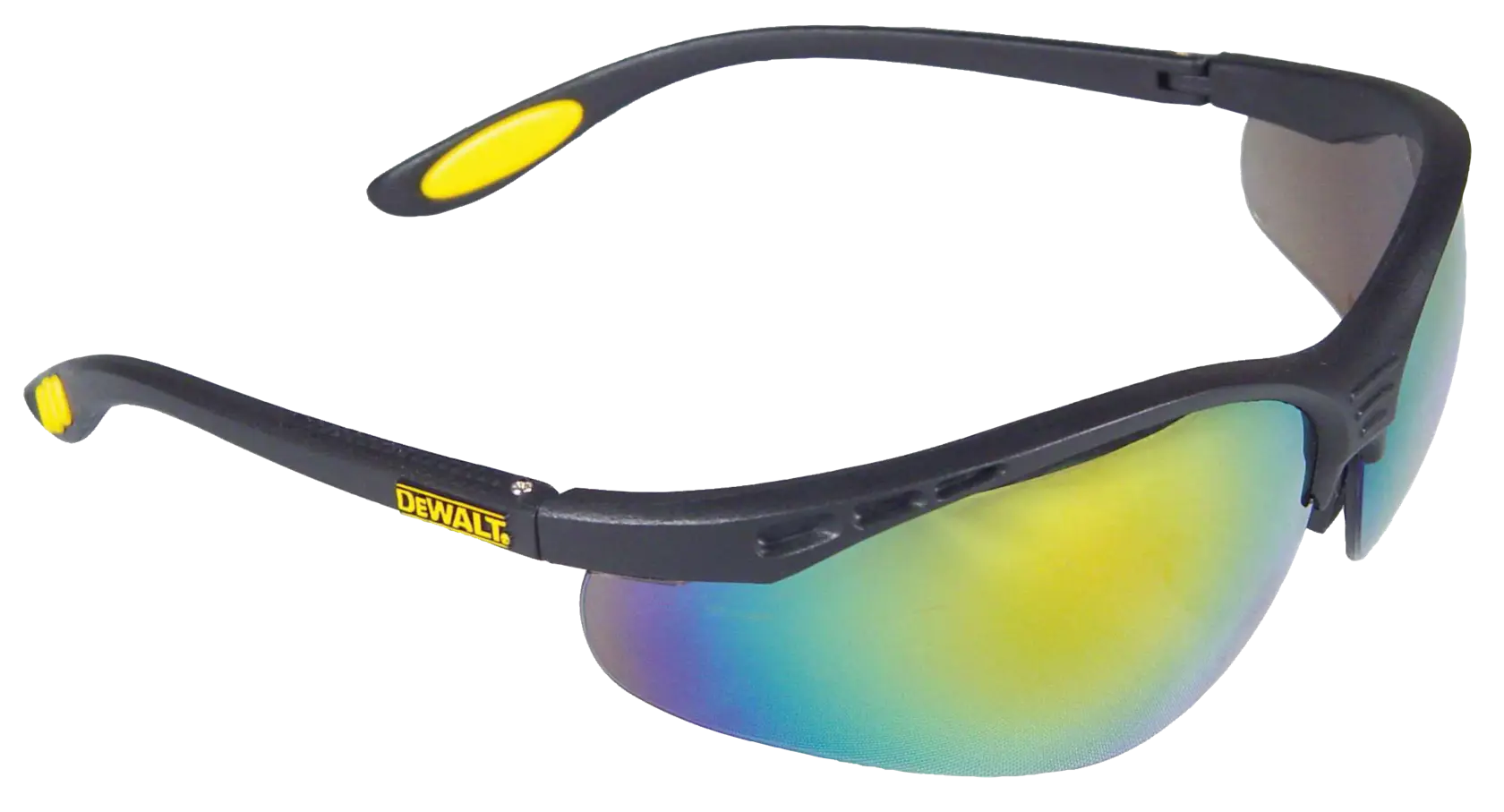 A pair of DEWALT safety glasses with black frames and yellow accents, featuring mirrored lenses with a yellow and blue tint.