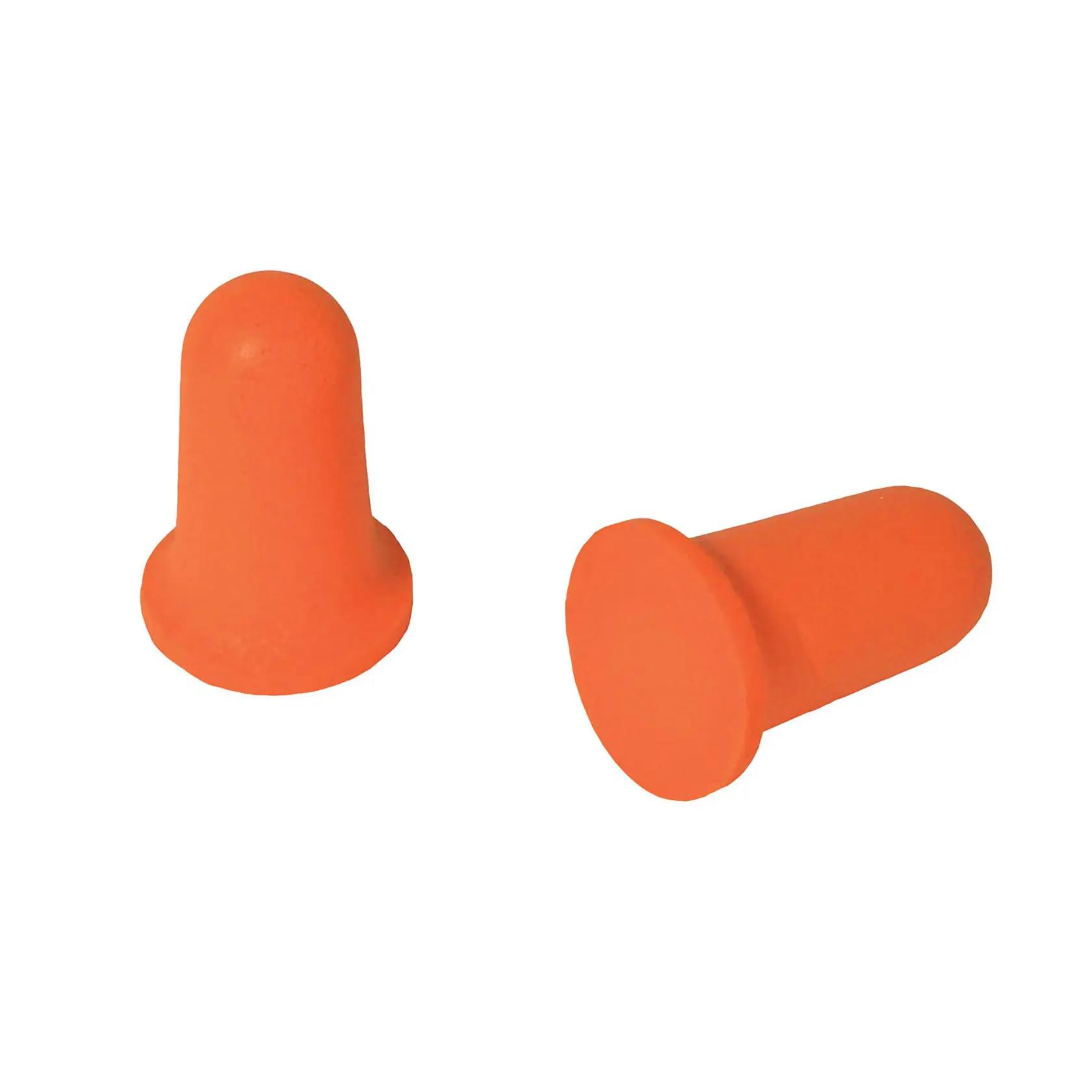 Two orange foam ear plugs are shown on a white background.