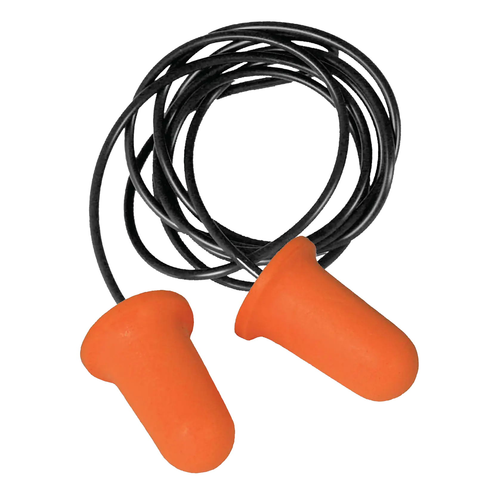 A pair of orange foam earplugs connected by a black cord, shown against a white background.
