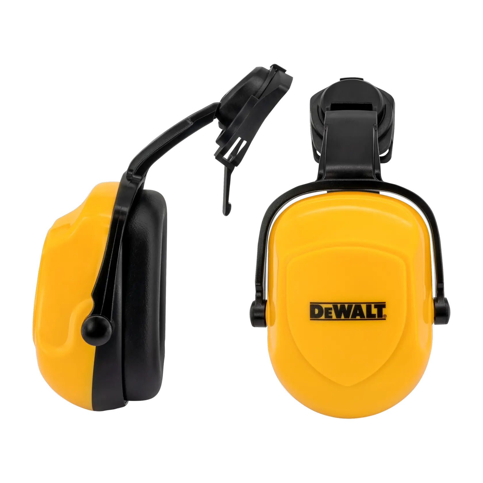 A pair of DEWALT yellow and black earmuffs with adjustable headbands for hearing protection, shown against a white background.