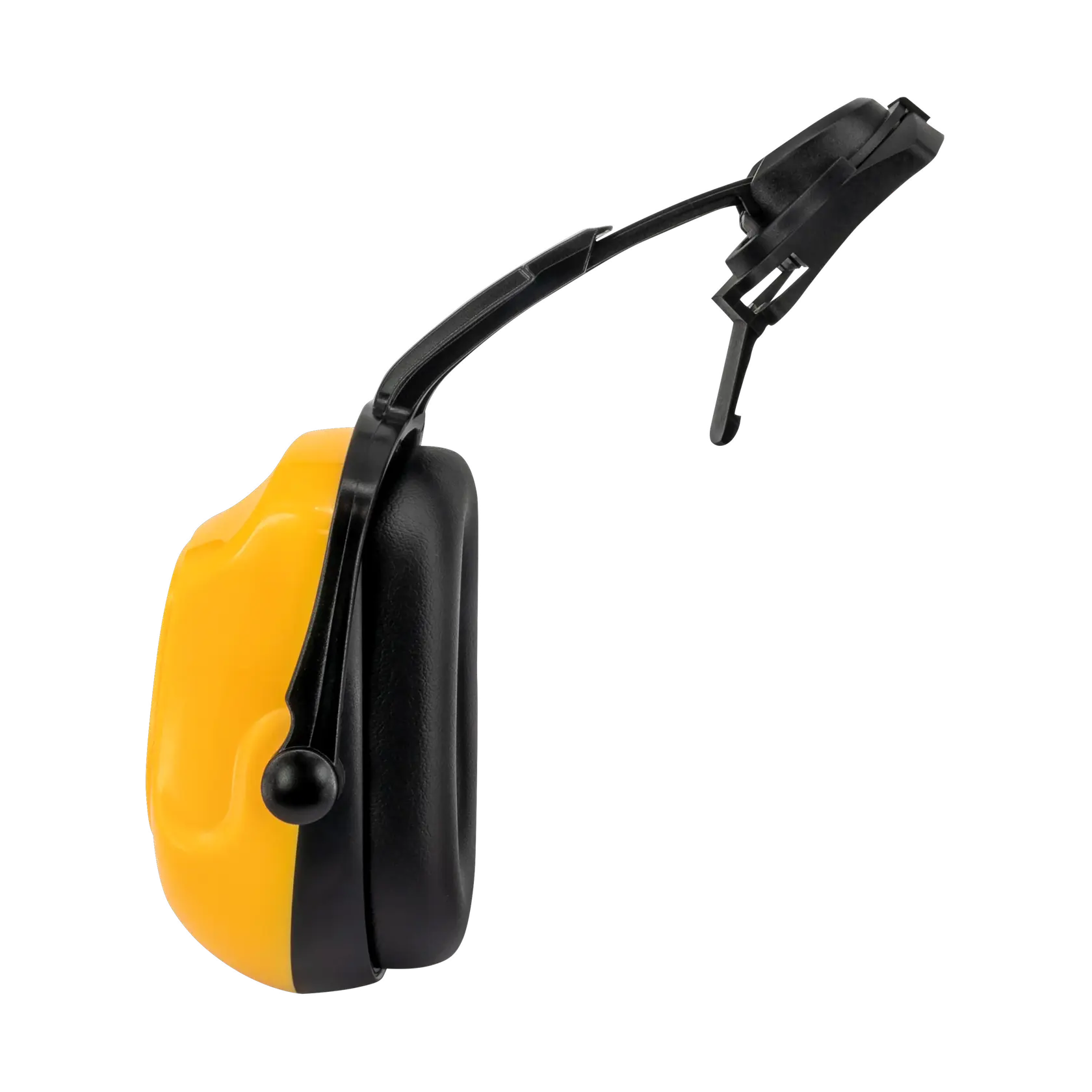 A yellow and black earmuff hearing protection device with a helmet attachment arm, shown in a side view against a white background.