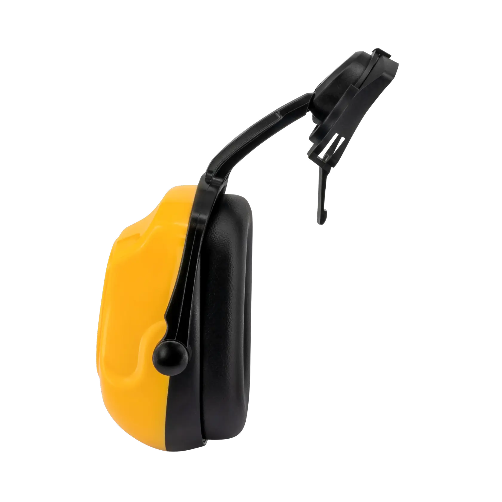 Side view of a DEWALT DPG660-D earmuff with black and yellow coloring and a helmet attachment, designed for hearing protection.