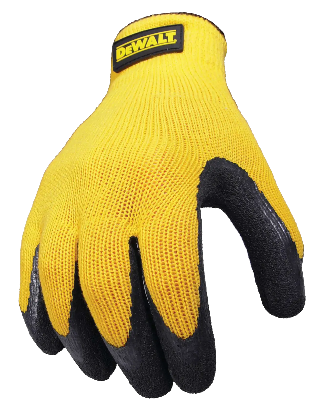 A yellow DEWALT work glove with a black rubber coating on the fingers and palm, shown against a white background.