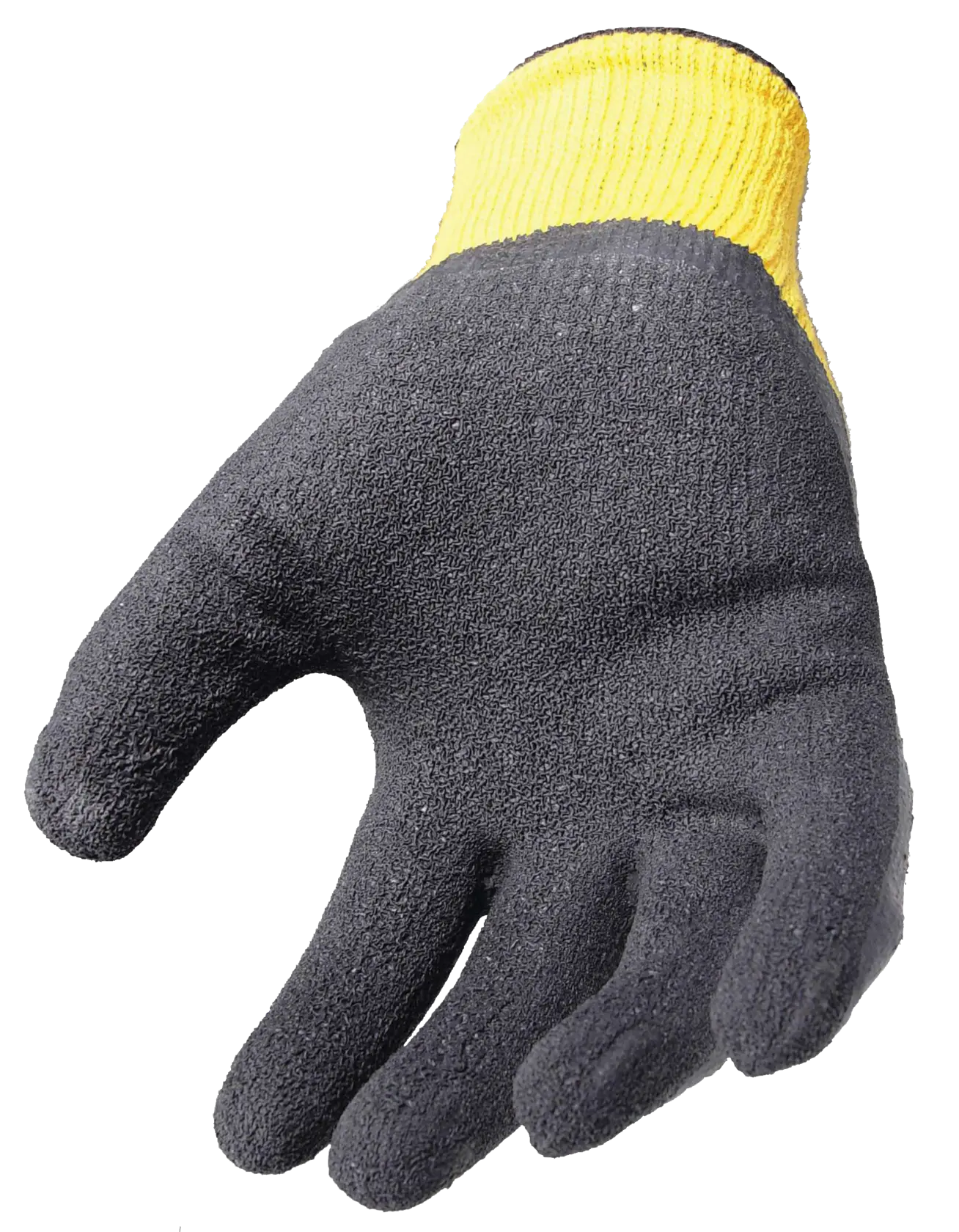 A single work glove, mainly dark grey with a yellow knitted wrist cuff, shown on a white background.